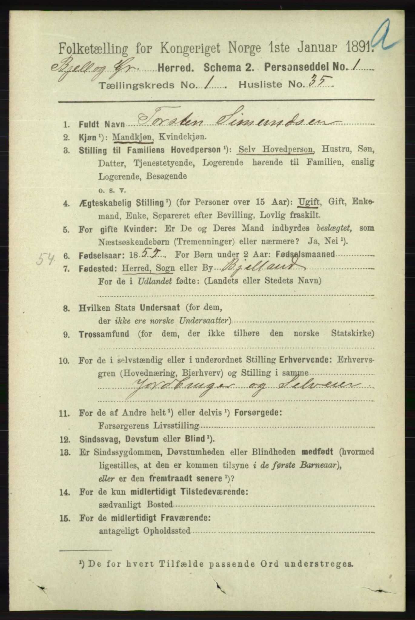 RA, 1891 census for 1024 Bjelland og Grindheim, 1891, p. 239