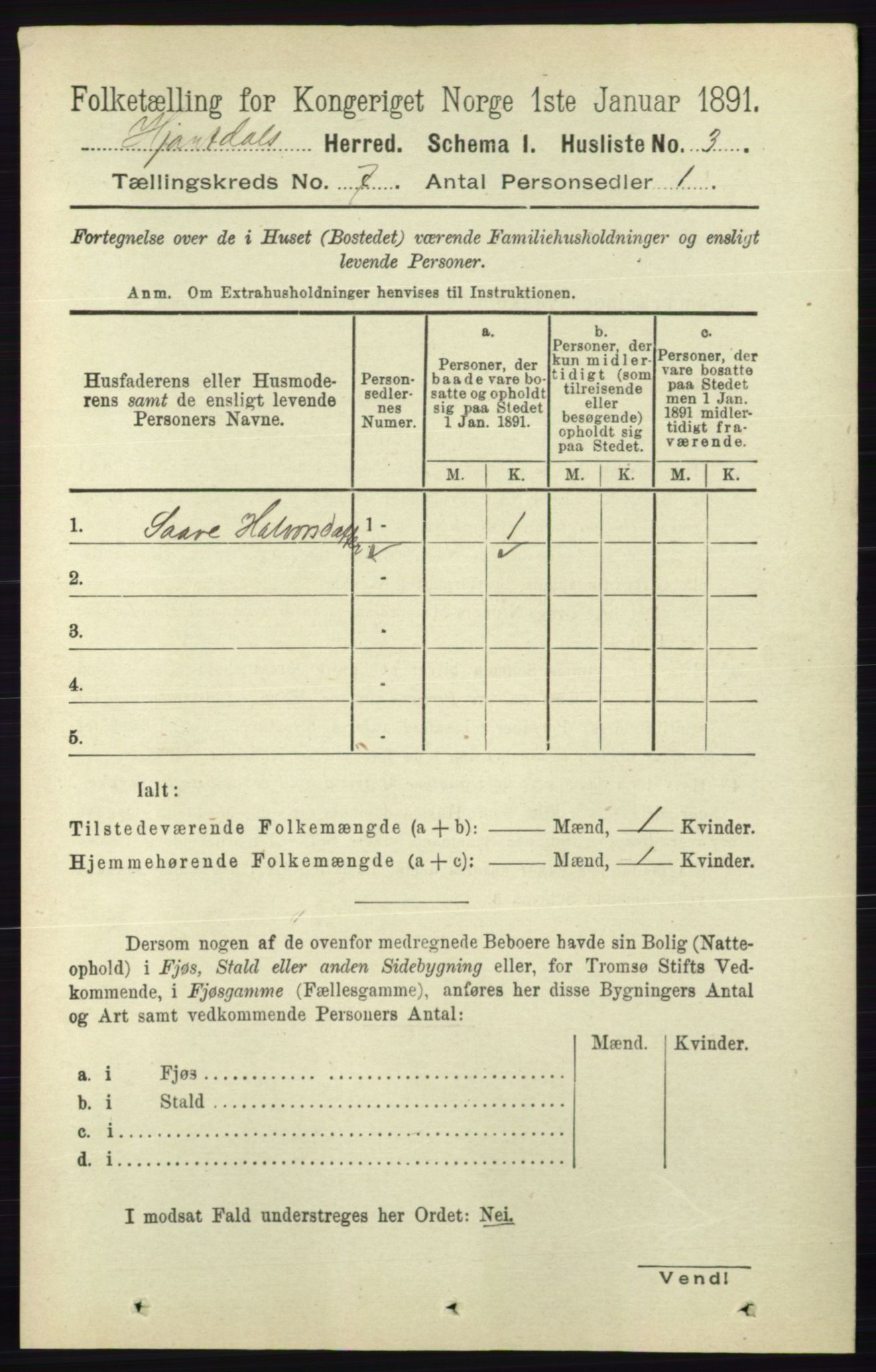 RA, 1891 census for 0827 Hjartdal, 1891, p. 2498