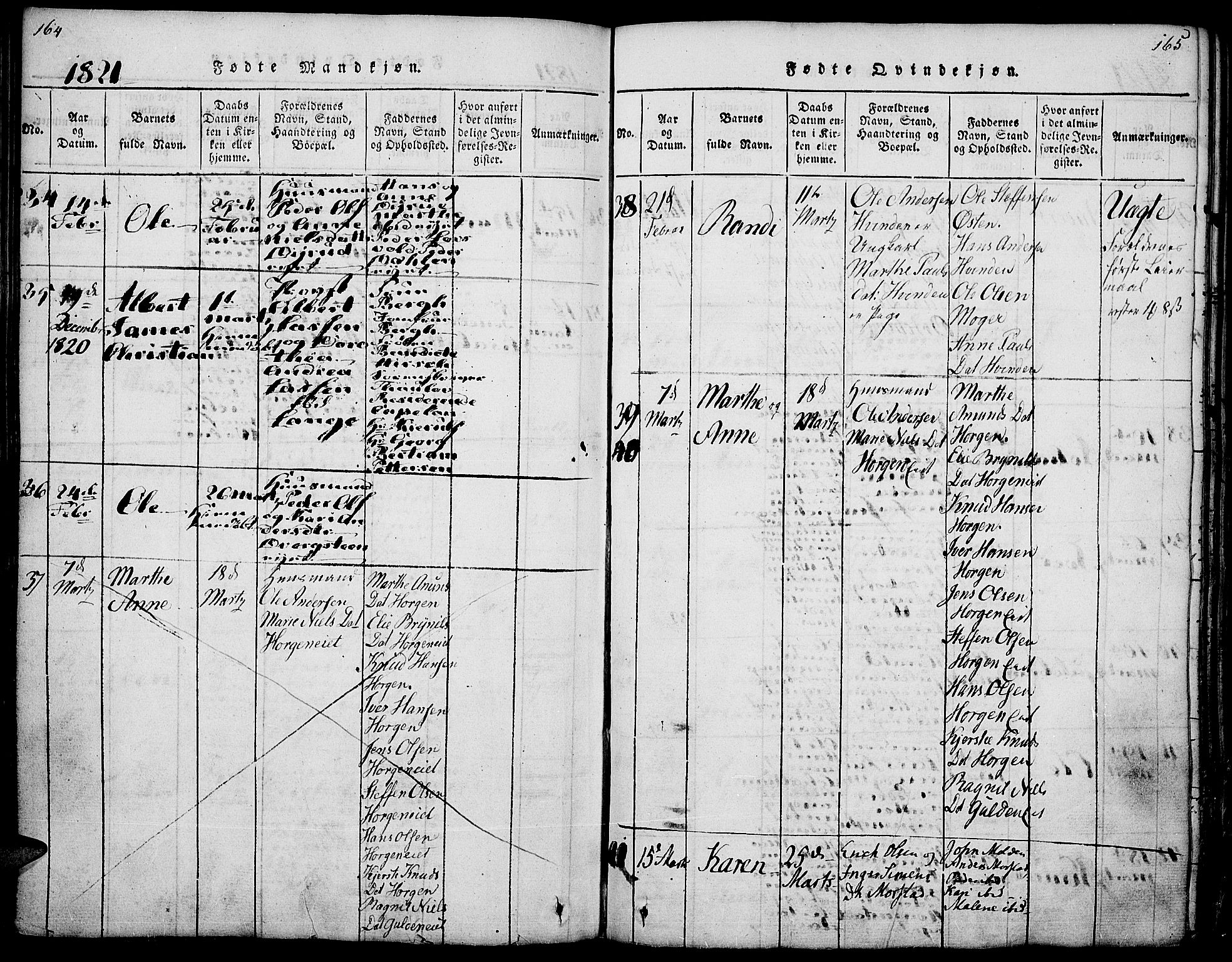 Gran prestekontor, SAH/PREST-112/H/Ha/Haa/L0009: Parish register (official) no. 9, 1815-1824, p. 164-165
