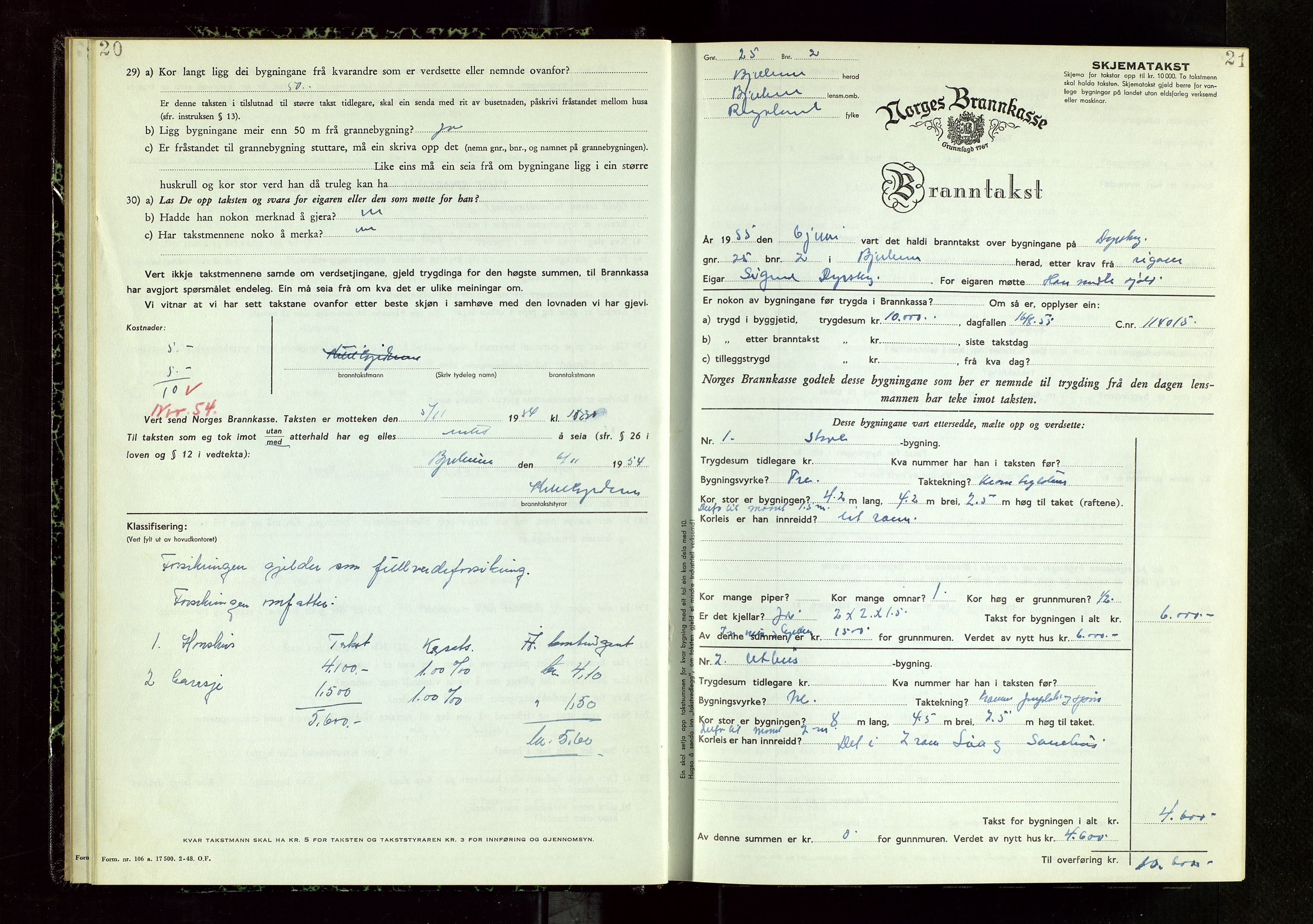 Bjerkreim lensmannskontor, SAST/A-100090/Gob/L0002: "Branntakstprotokoll", 1950-1955, p. 20-21