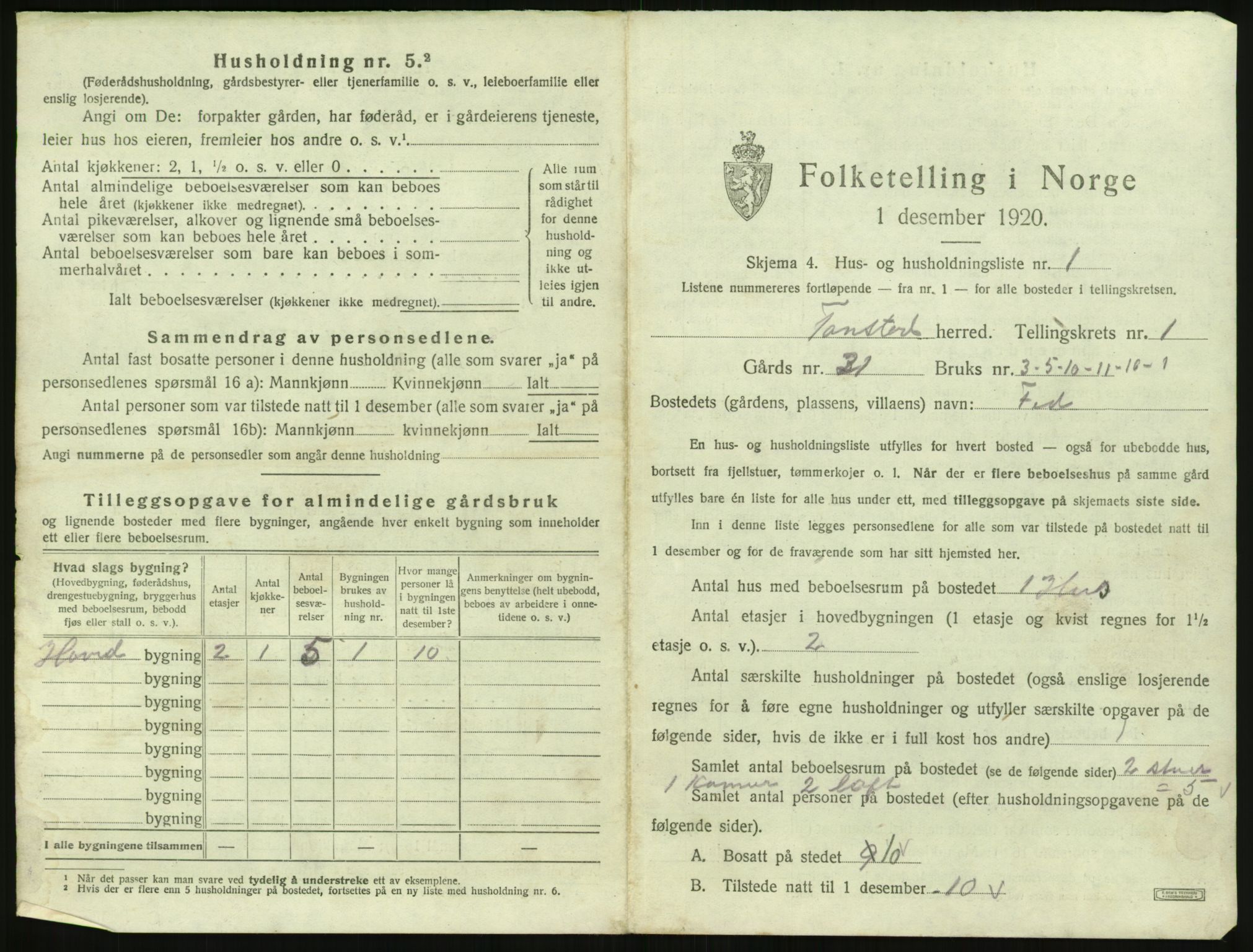 SAK, 1920 census for Tonstad, 1920, p. 30