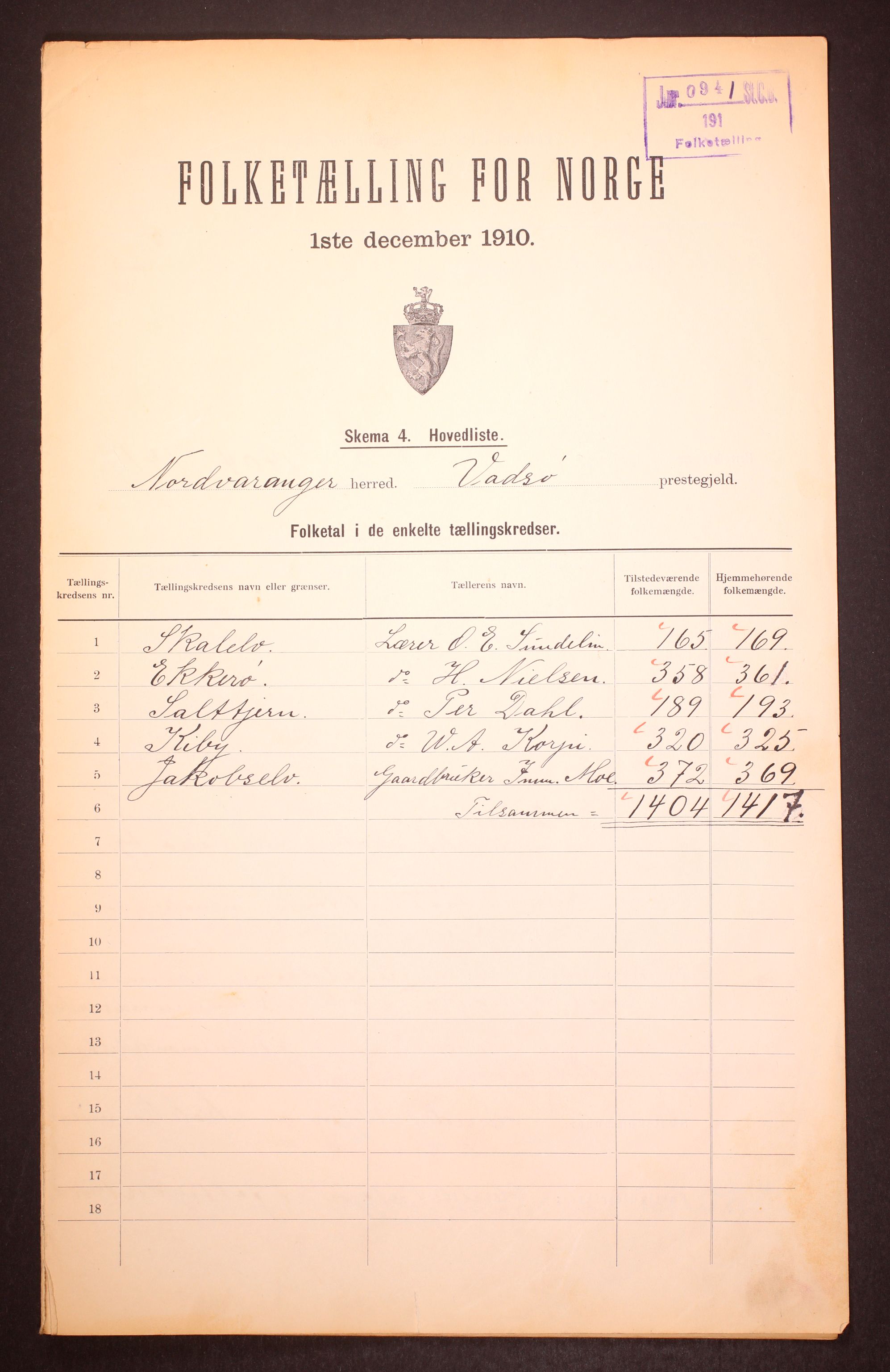 RA, 1910 census for Nord-Varanger, 1910, p. 2