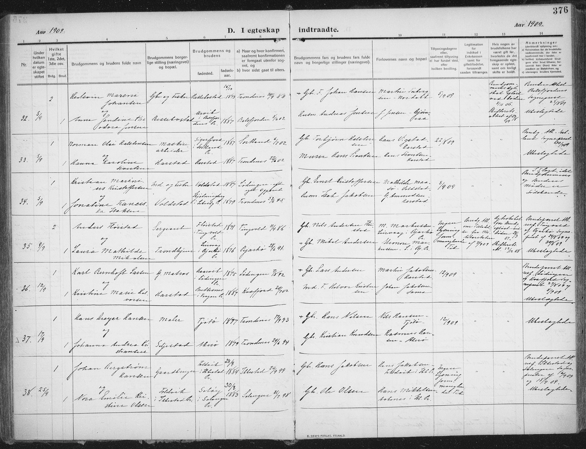 Trondenes sokneprestkontor, AV/SATØ-S-1319/H/Ha/L0018kirke: Parish register (official) no. 18, 1909-1918, p. 376