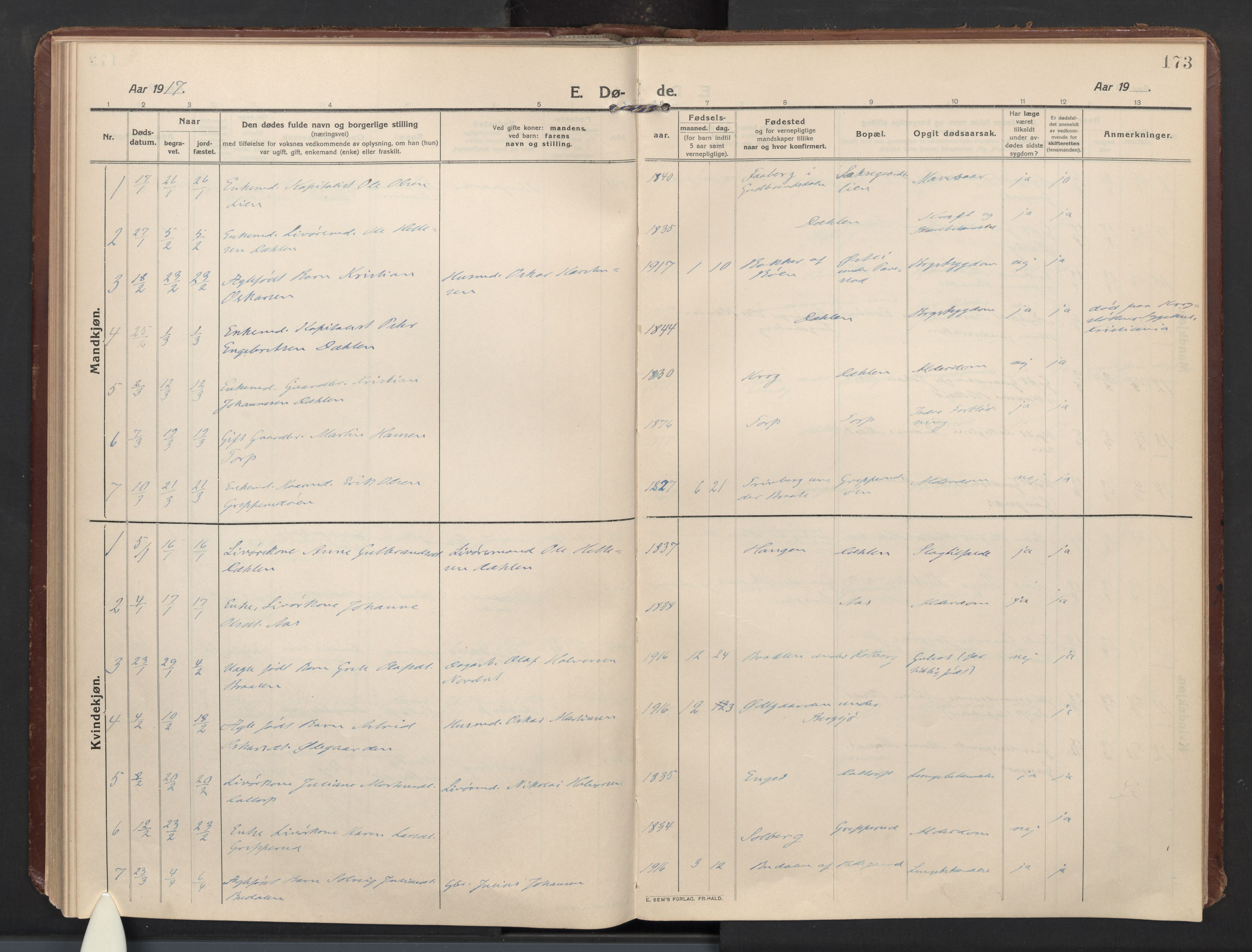 Høland prestekontor Kirkebøker, SAO/A-10346a/F/Fb: Parish register (official) no. II 4, 1913-1924, p. 173