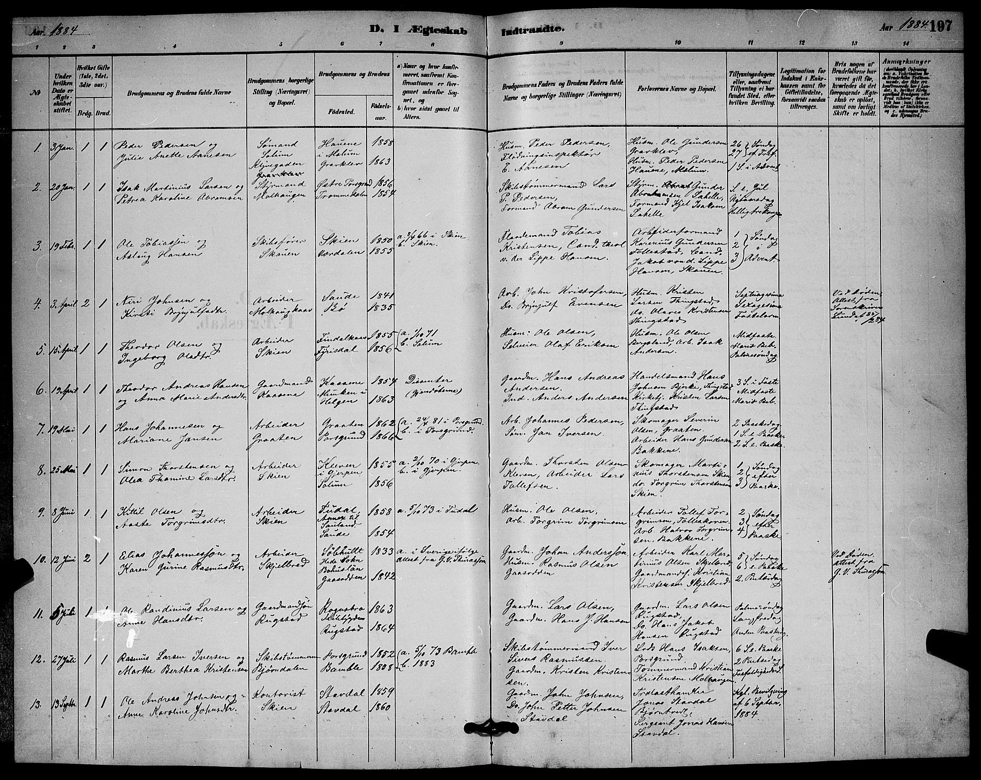 Solum kirkebøker, SAKO/A-306/G/Ga/L0007: Parish register (copy) no. I 7, 1884-1898, p. 197