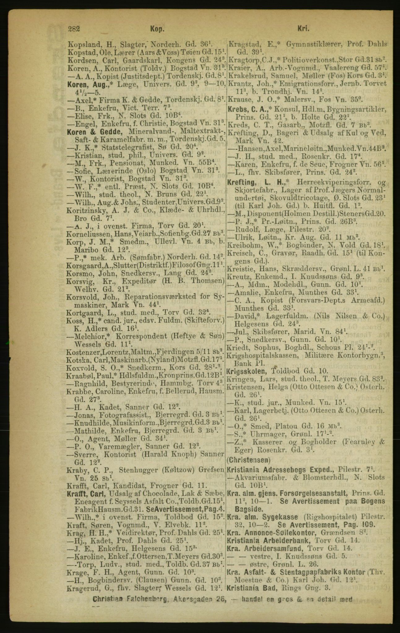 Kristiania/Oslo adressebok, PUBL/-, 1888, p. 282