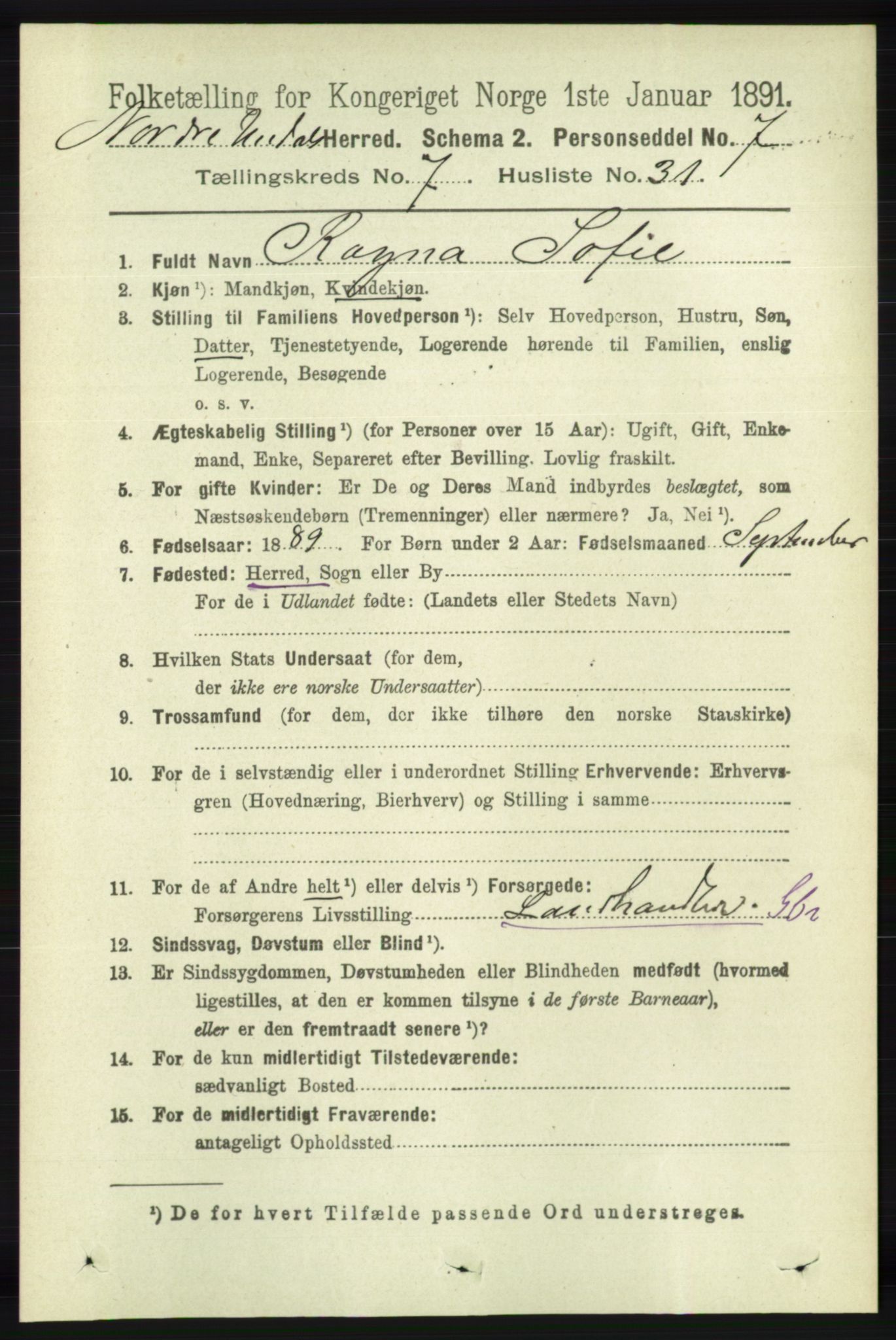 RA, 1891 census for 1028 Nord-Audnedal, 1891, p. 1978