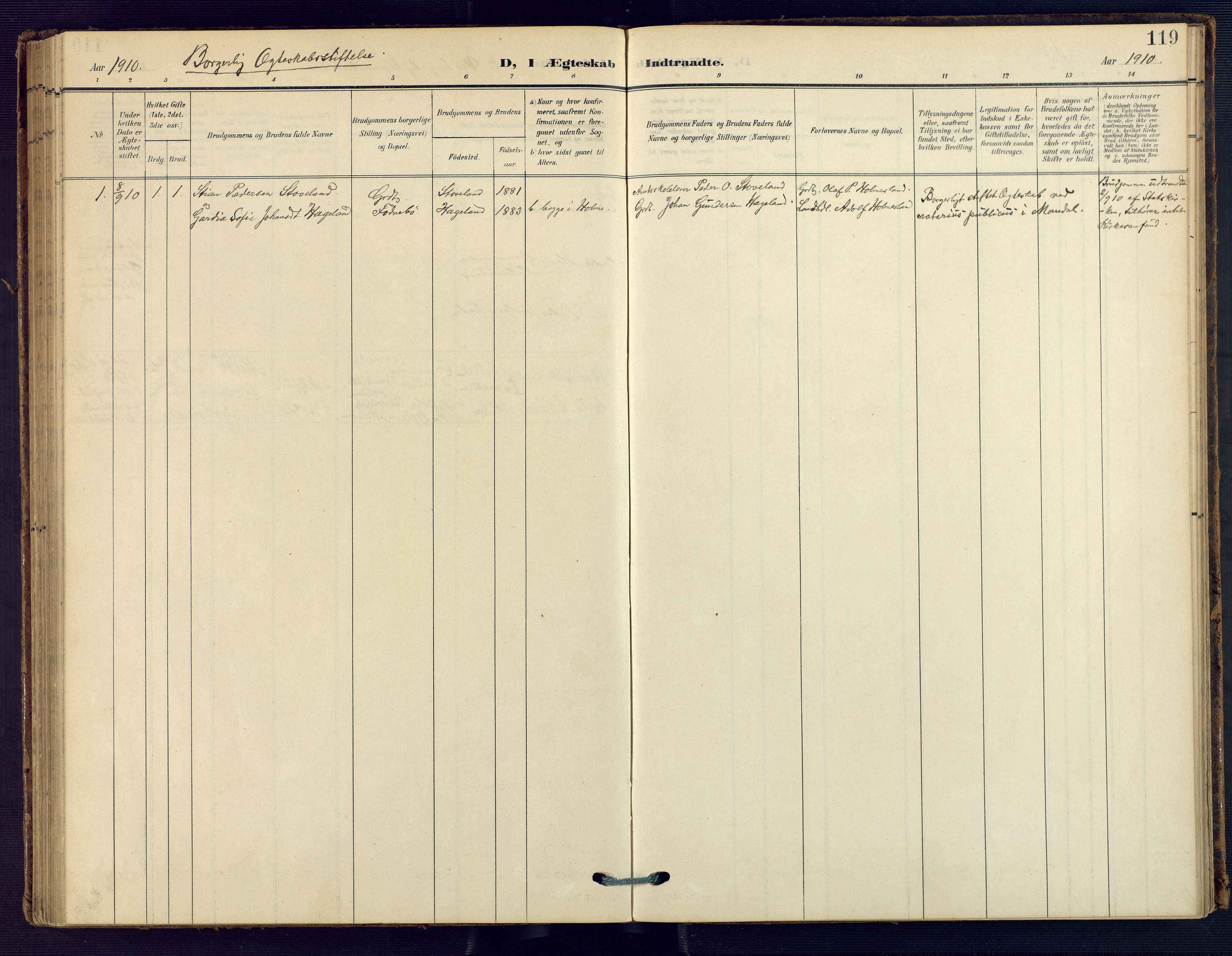 Holum sokneprestkontor, SAK/1111-0022/F/Fa/Faa/L0008: Parish register (official) no. A 8, 1908-1929, p. 119