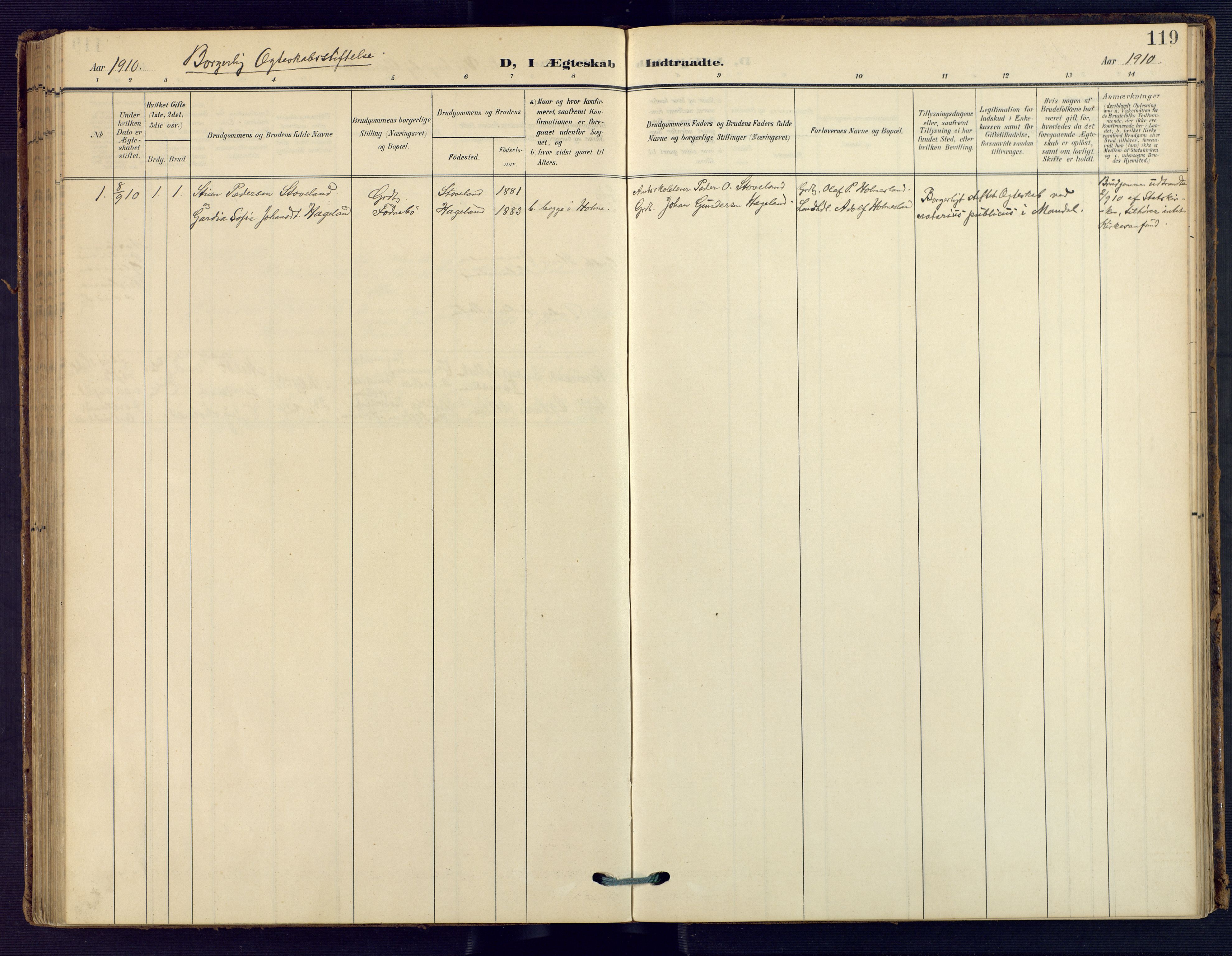 Holum sokneprestkontor, AV/SAK-1111-0022/F/Fa/Faa/L0008: Parish register (official) no. A 8, 1908-1929, p. 119