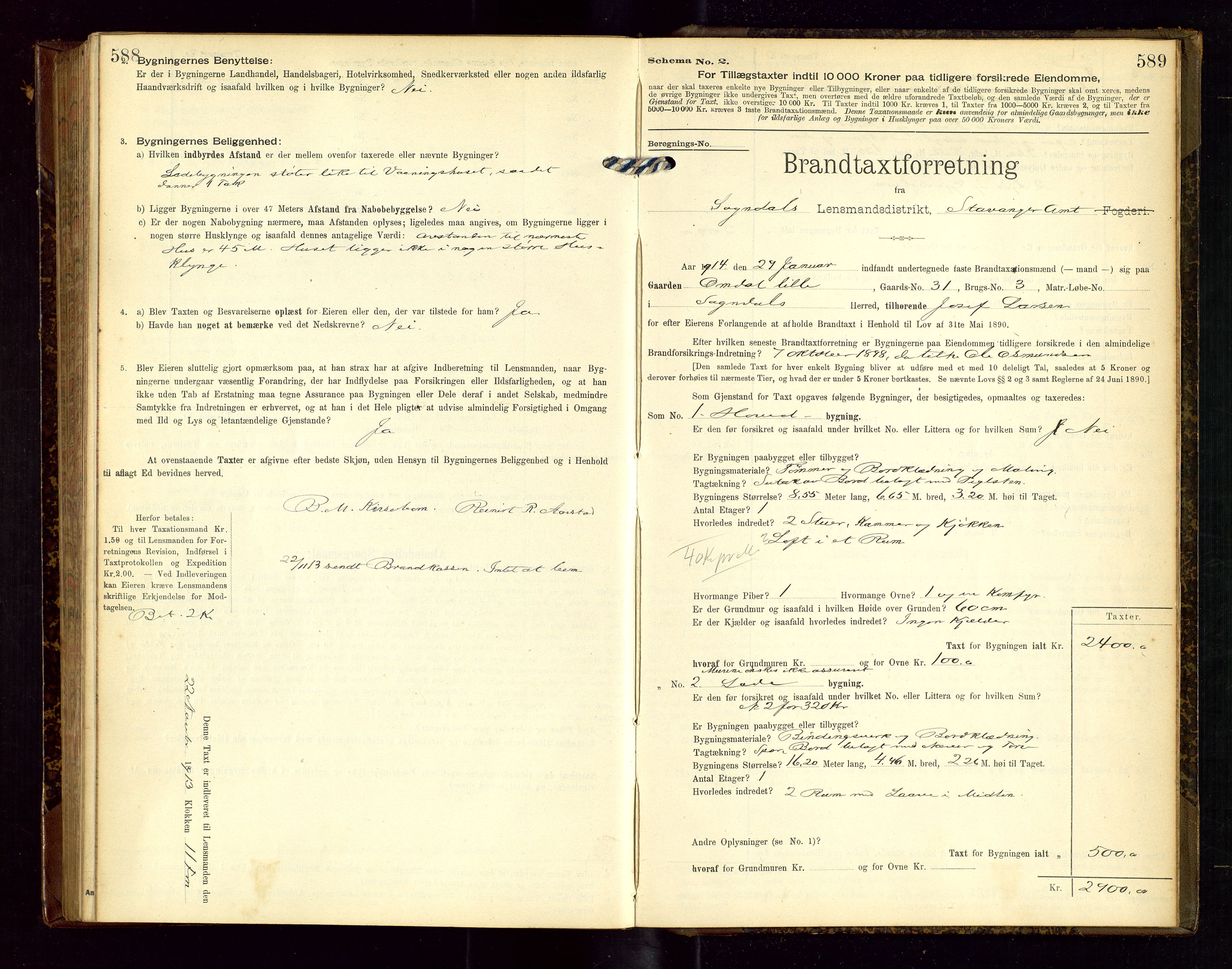 Sokndal lensmannskontor, SAST/A-100417/Gob/L0002: "Brandtaxt-Protokol", 1902-1914, p. 588-589