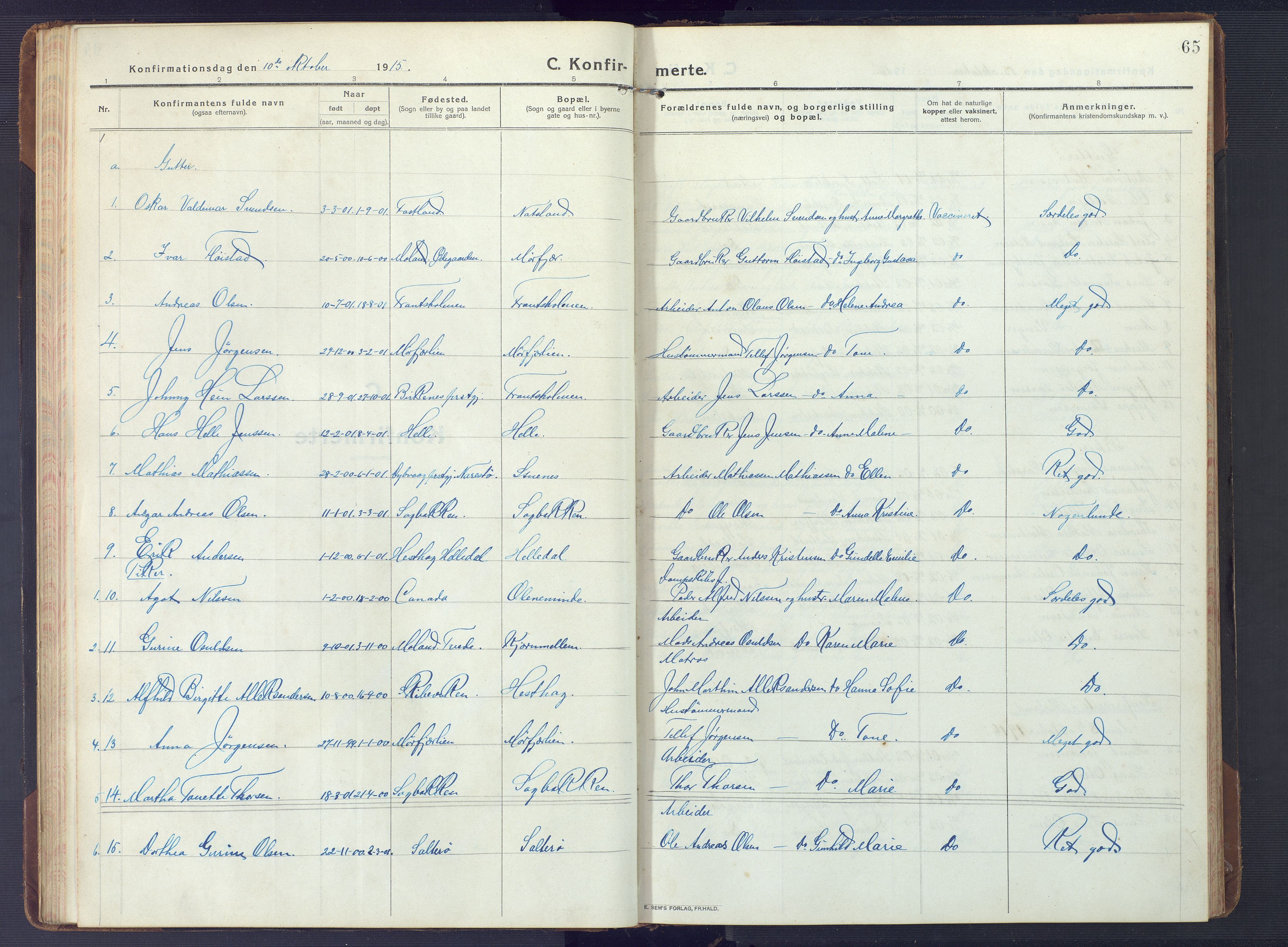 Austre Moland sokneprestkontor, SAK/1111-0001/F/Fb/Fbb/L0004: Parish register (copy) no. B 4, 1914-1929, p. 65