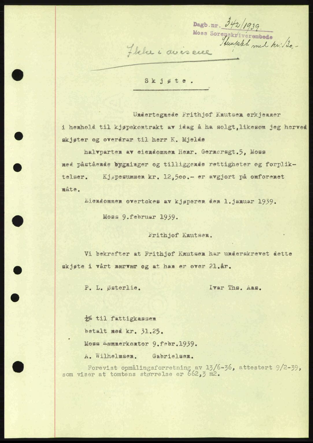 Moss sorenskriveri, SAO/A-10168: Mortgage book no. A5, 1938-1939, Diary no: : 342/1939