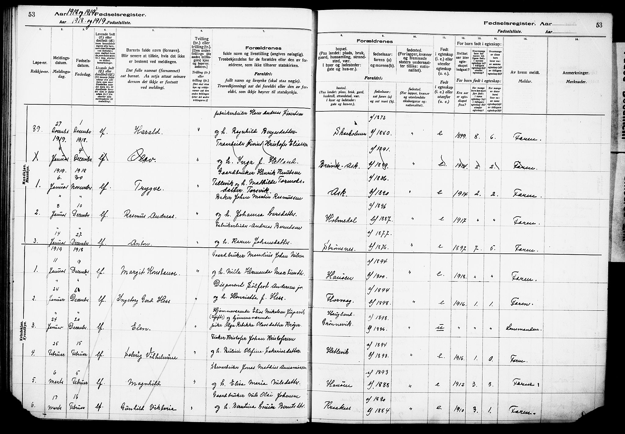 Askøy Sokneprestembete, AV/SAB-A-74101/I/Id/L00A1: Birth register no. A 1, 1916-1928, p. 53