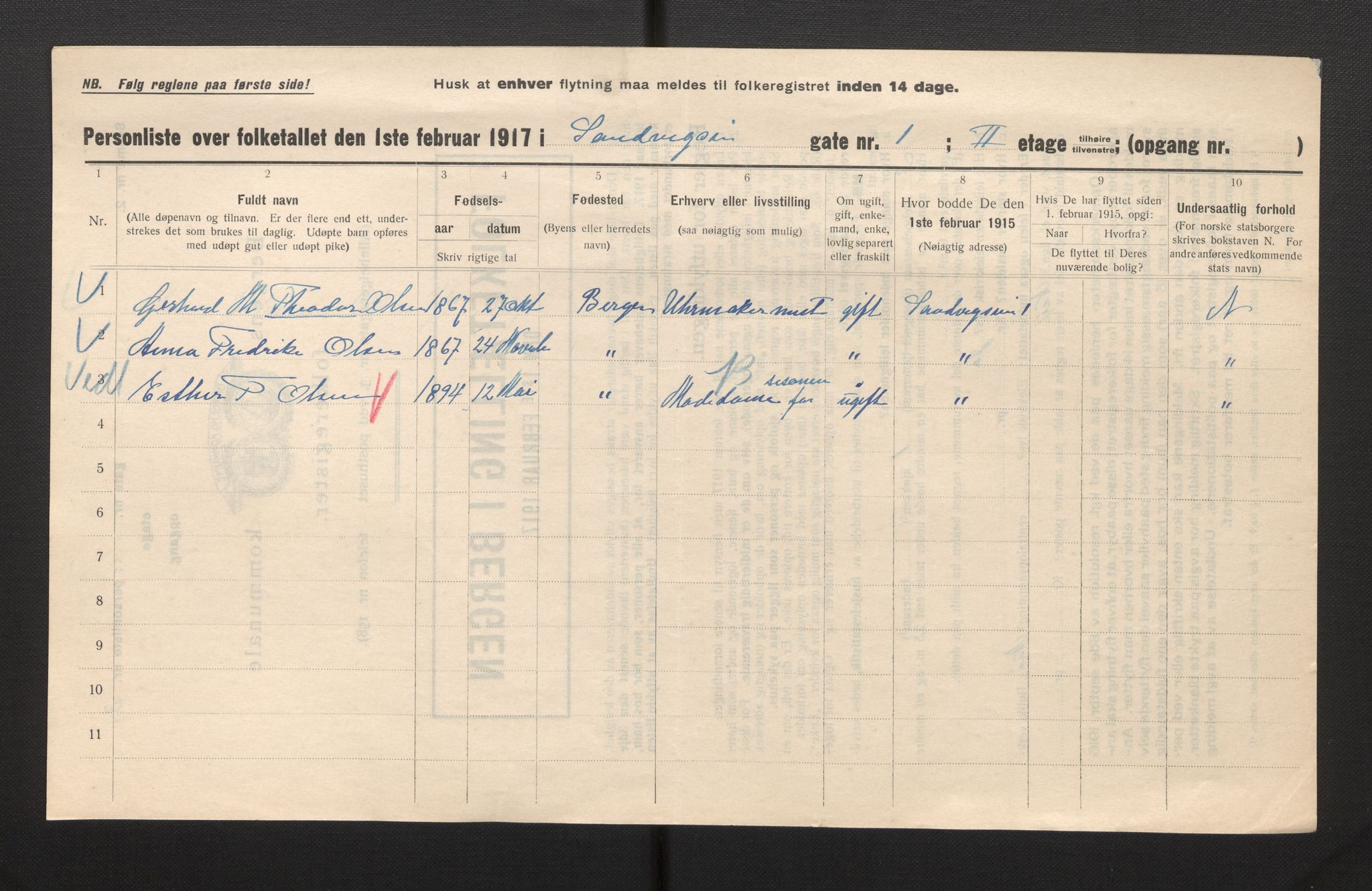 SAB, Municipal Census 1917 for Bergen, 1917, p. 32083