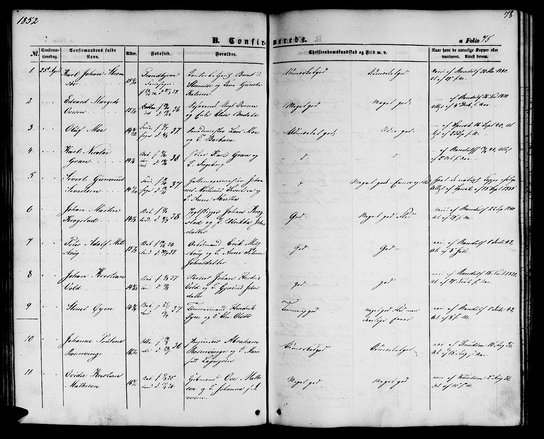 Ministerialprotokoller, klokkerbøker og fødselsregistre - Sør-Trøndelag, SAT/A-1456/604/L0184: Parish register (official) no. 604A05, 1851-1860, p. 78
