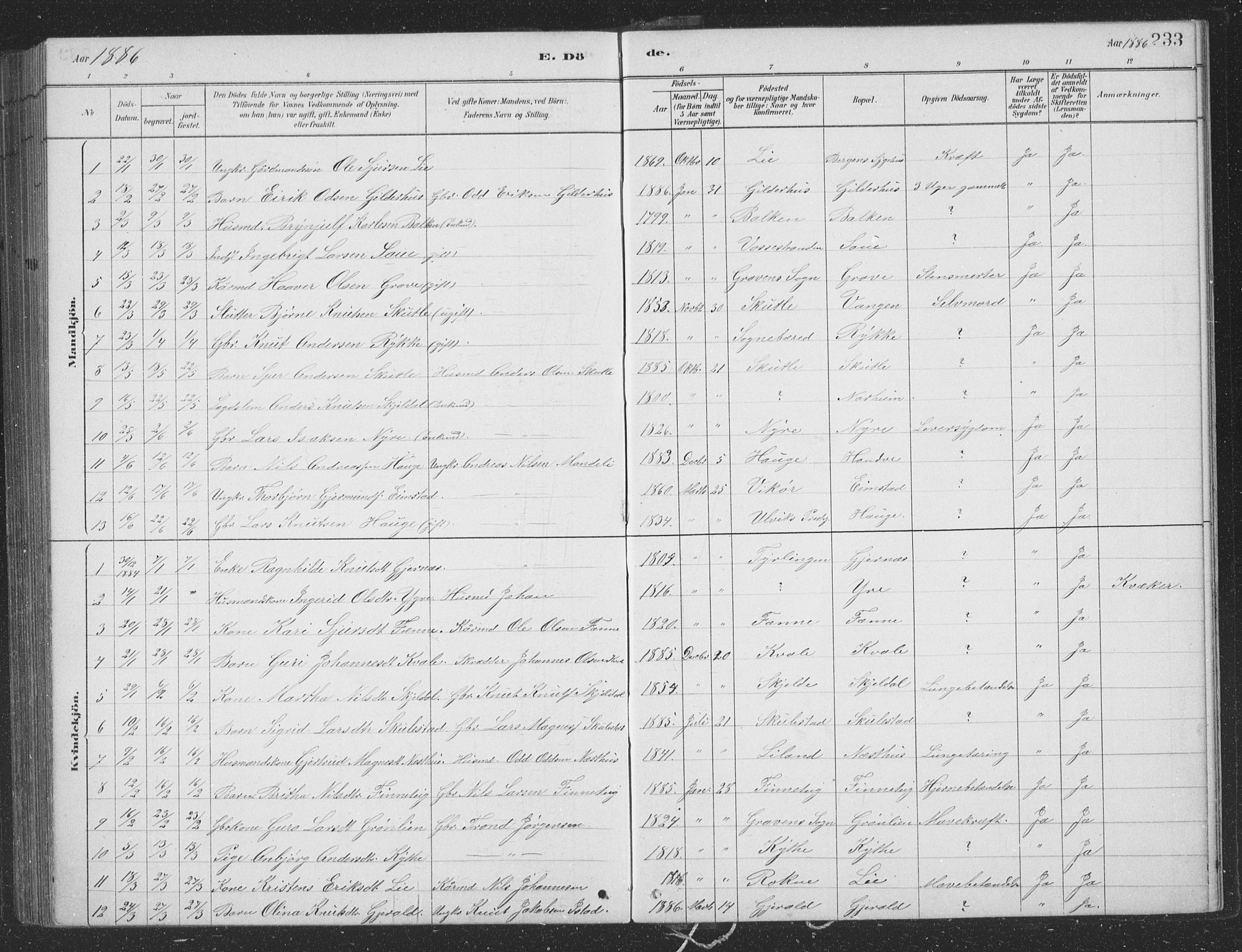 Voss sokneprestembete, SAB/A-79001/H/Hab: Parish register (copy) no. B 3, 1879-1894, p. 233