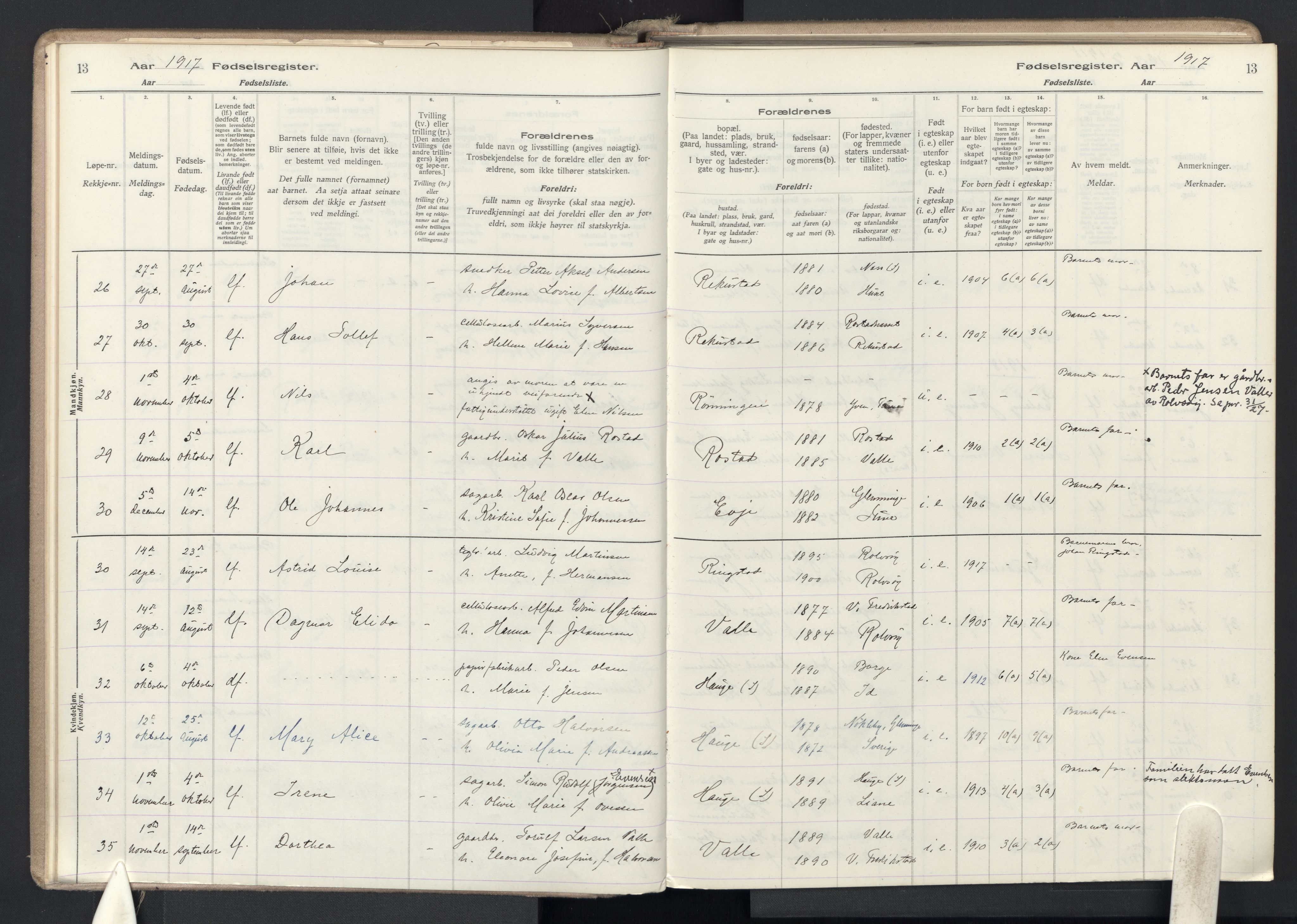 Rolvsøy prestekontor Kirkebøker, SAO/A-2004/J/Ja/L0001: Birth register no. 1, 1916-1946, p. 13