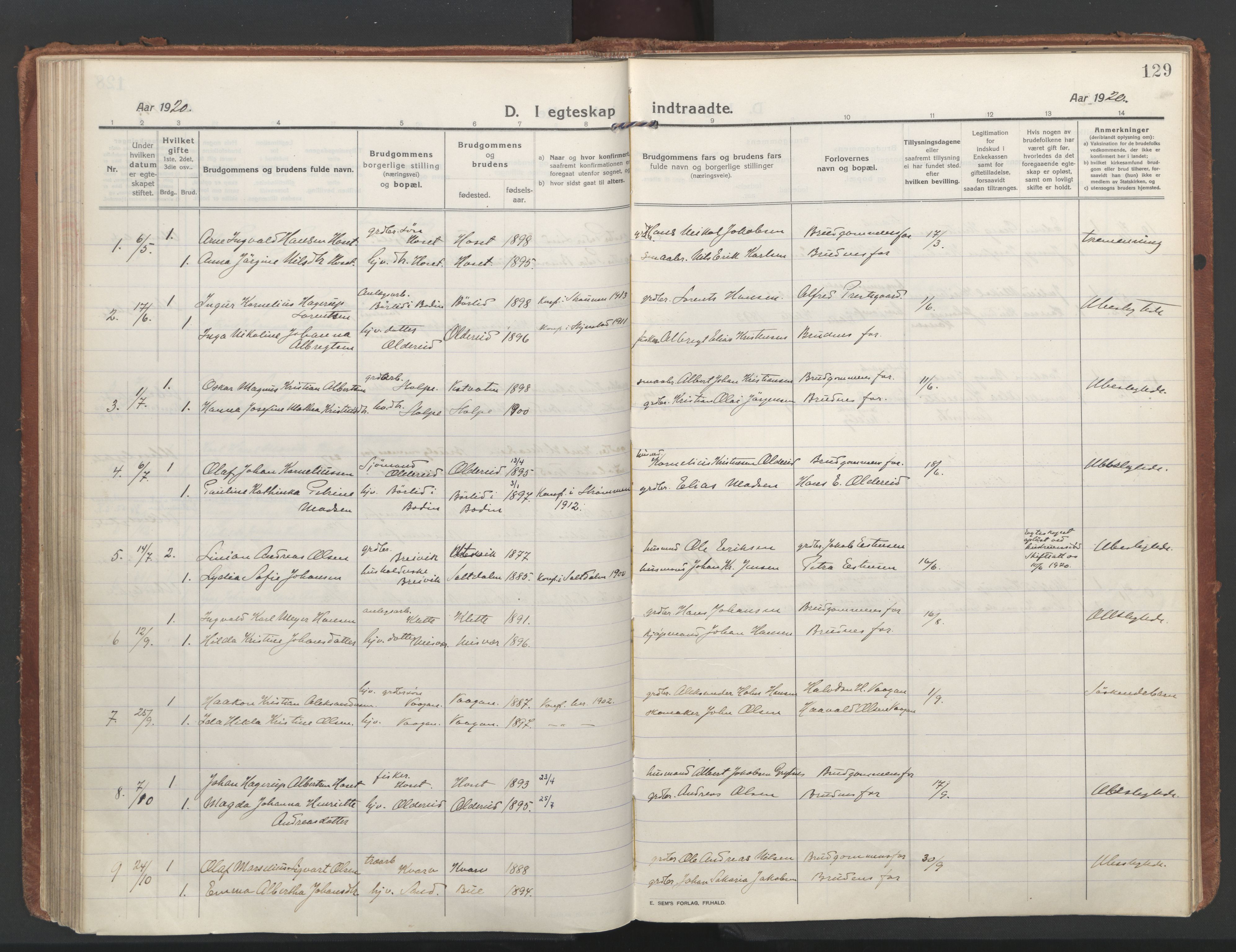 Ministerialprotokoller, klokkerbøker og fødselsregistre - Nordland, SAT/A-1459/852/L0748: Parish register (official) no. 852A18, 1913-1932, p. 129
