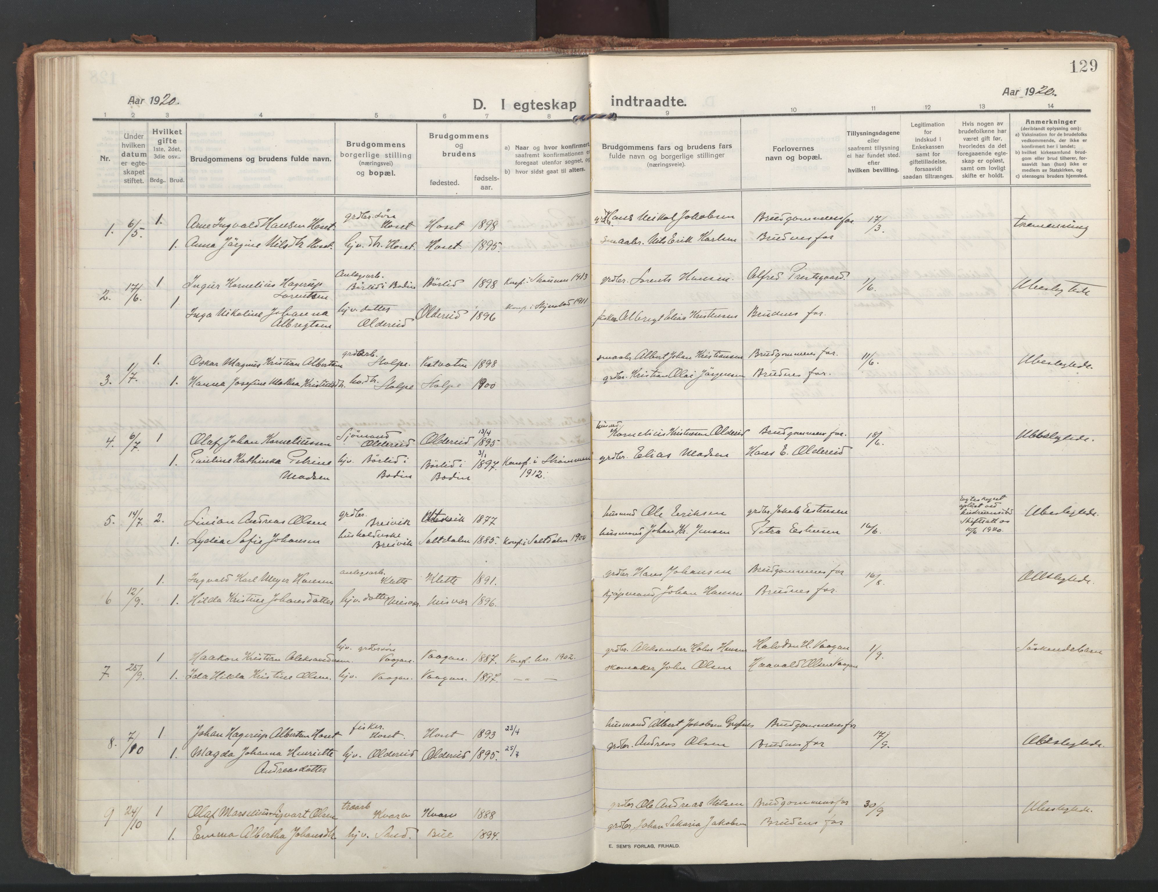 Ministerialprotokoller, klokkerbøker og fødselsregistre - Nordland, AV/SAT-A-1459/852/L0748: Parish register (official) no. 852A18, 1913-1932, p. 129