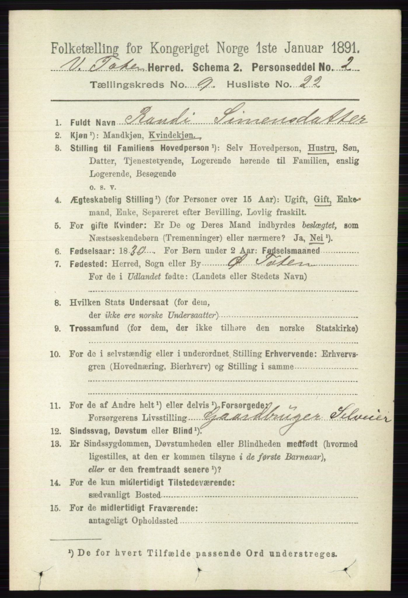RA, 1891 census for 0529 Vestre Toten, 1891, p. 5683