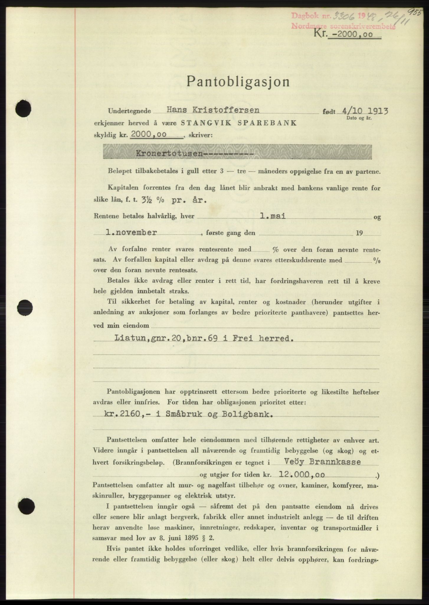 Nordmøre sorenskriveri, AV/SAT-A-4132/1/2/2Ca: Mortgage book no. B100, 1948-1949, Diary no: : 3306/1948