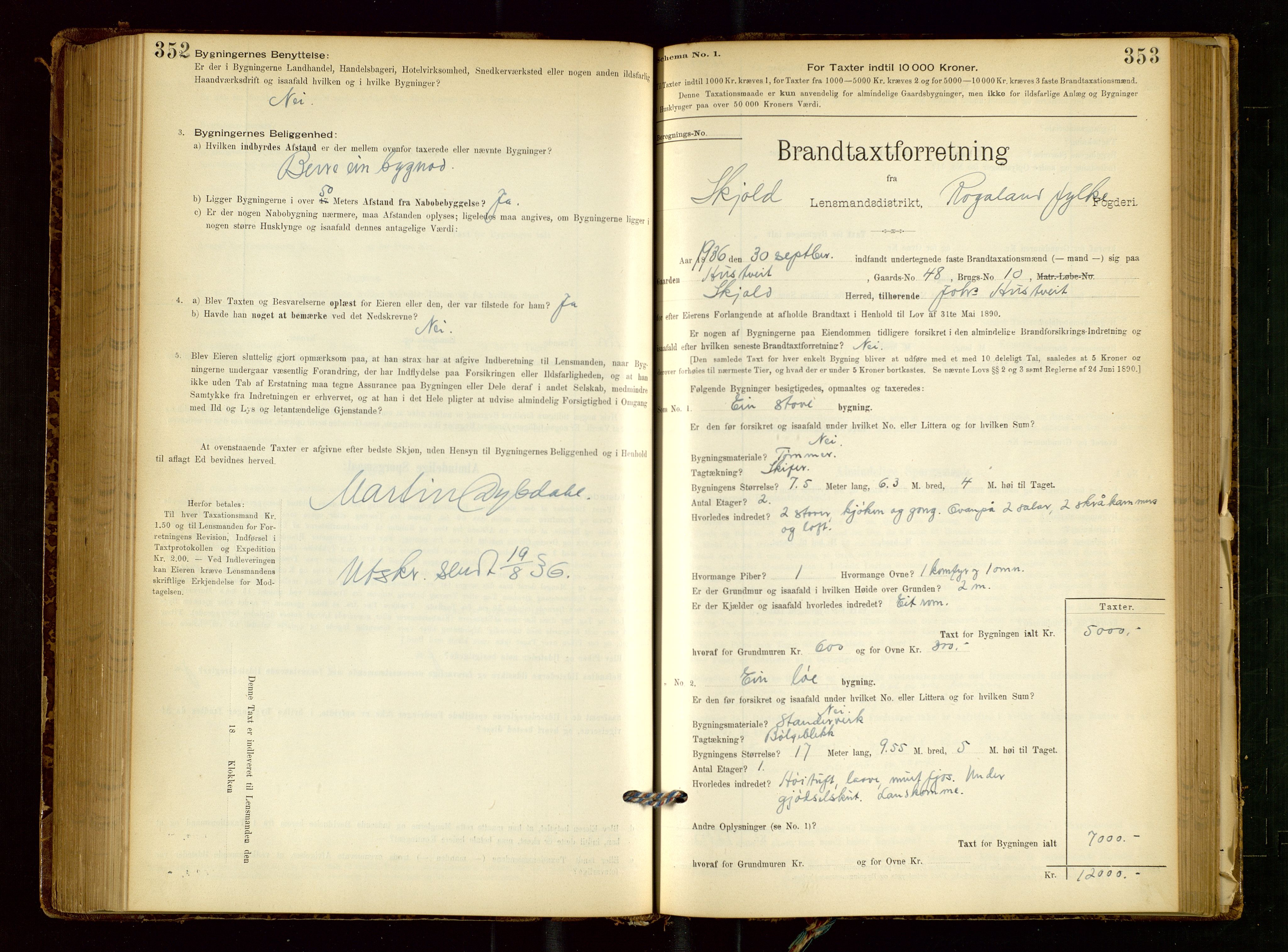 Skjold lensmannskontor, SAST/A-100182/Gob/L0001: "Brandtaxationsprotokol for Skjold Lensmandsdistrikt Ryfylke Fogderi", 1894-1939, p. 352-353