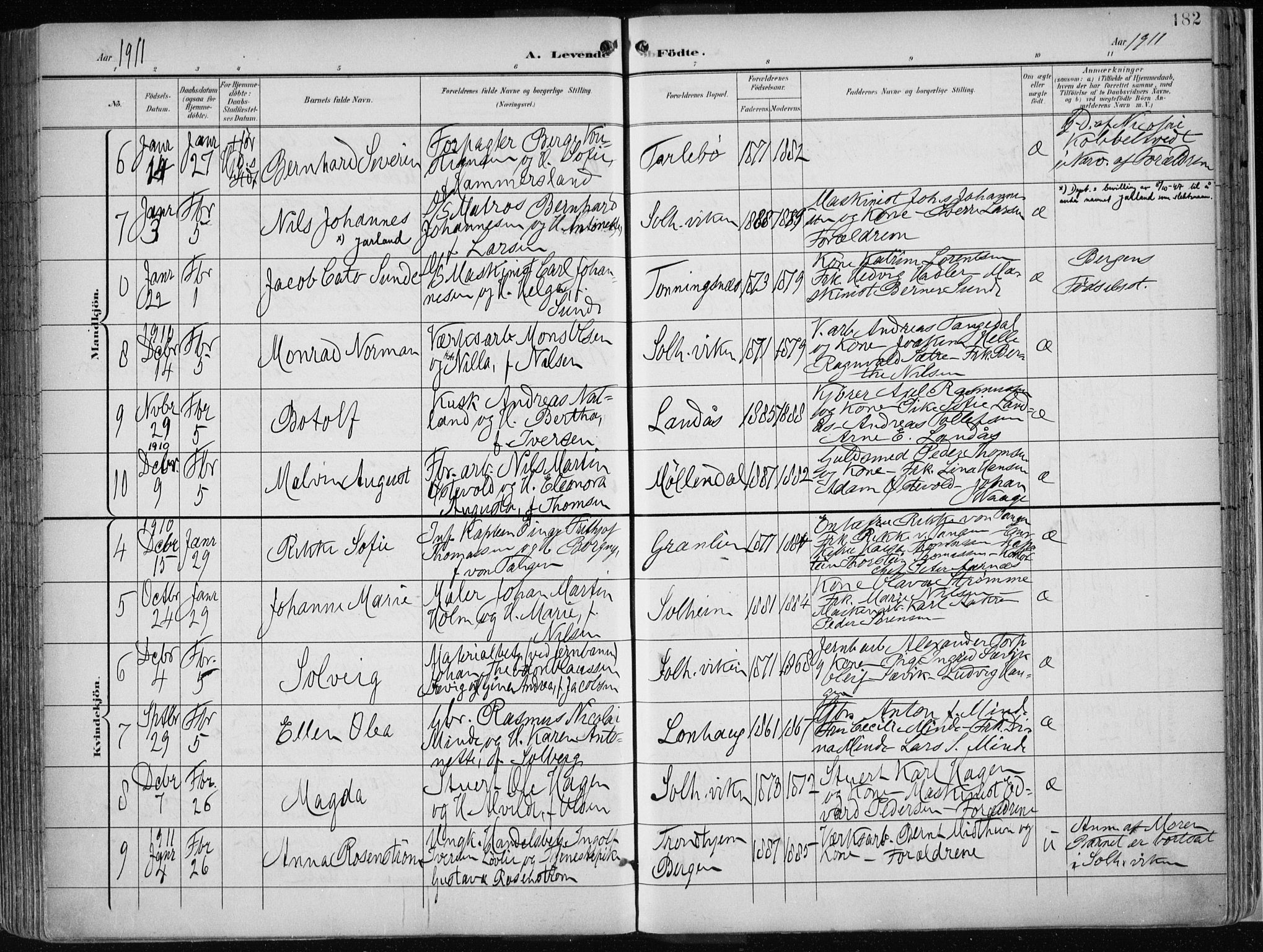 Årstad Sokneprestembete, AV/SAB-A-79301/H/Haa/L0002: Parish register (official) no. A 2, 1899-1914, p. 182