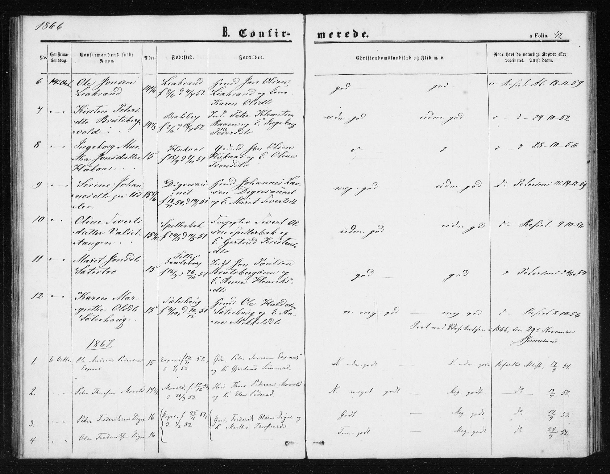 Ministerialprotokoller, klokkerbøker og fødselsregistre - Sør-Trøndelag, SAT/A-1456/608/L0333: Parish register (official) no. 608A02, 1862-1876, p. 42
