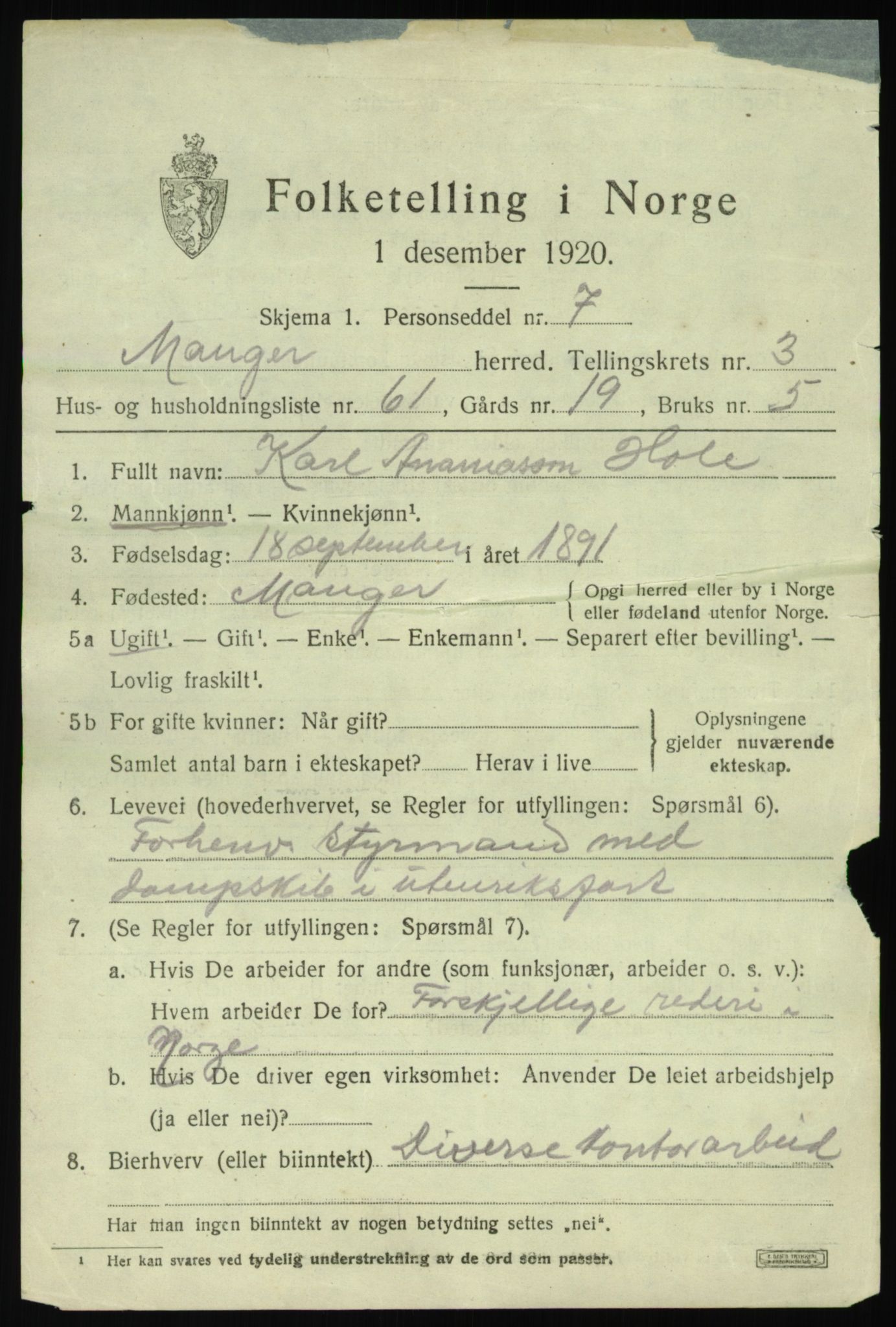 SAB, 1920 census for Manger, 1920, p. 3005