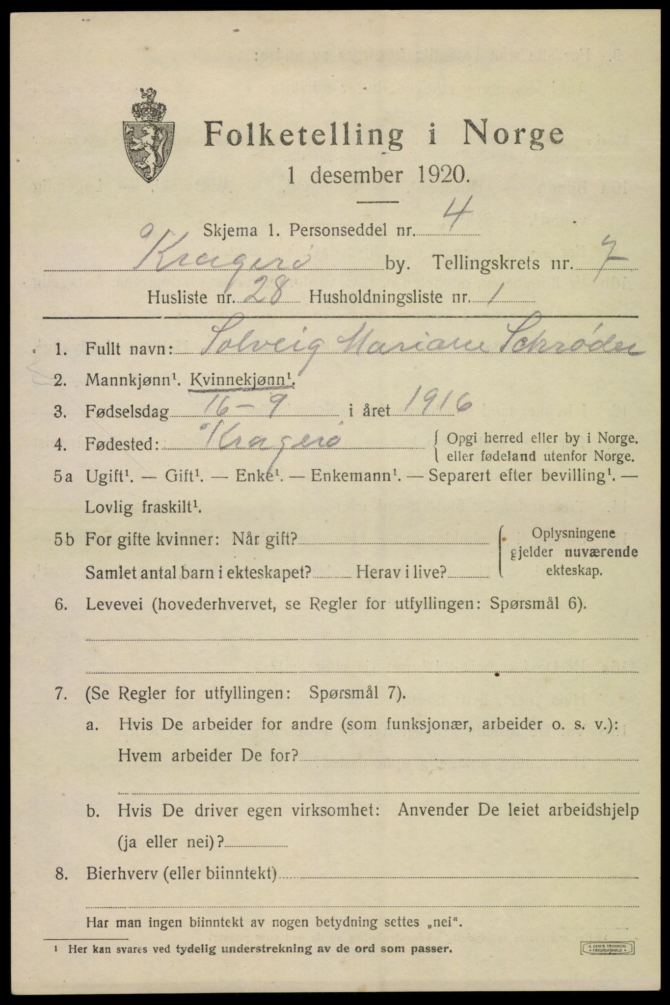 SAKO, 1920 census for Kragerø, 1920, p. 10007