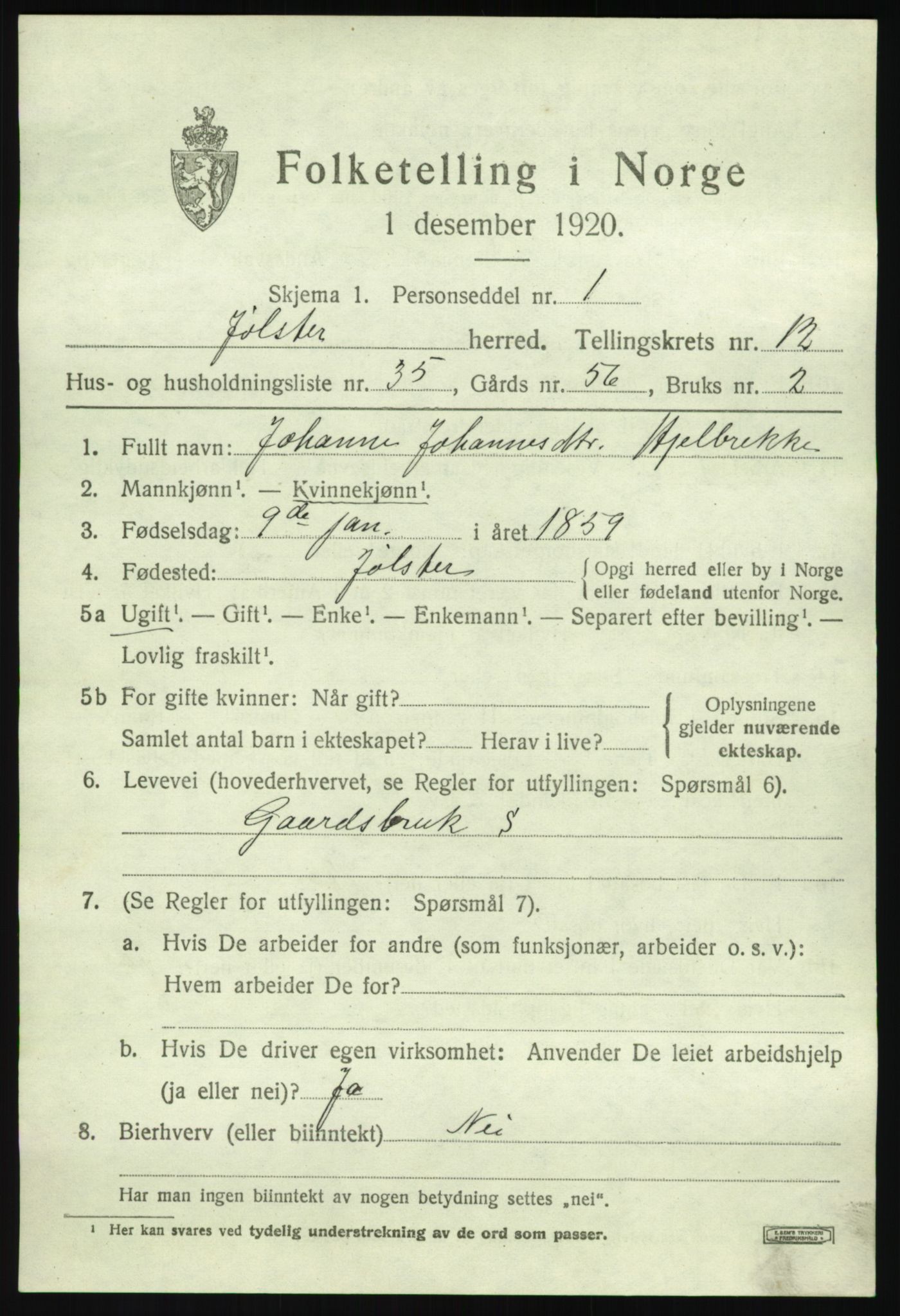 SAB, 1920 census for Jølster, 1920, p. 5940