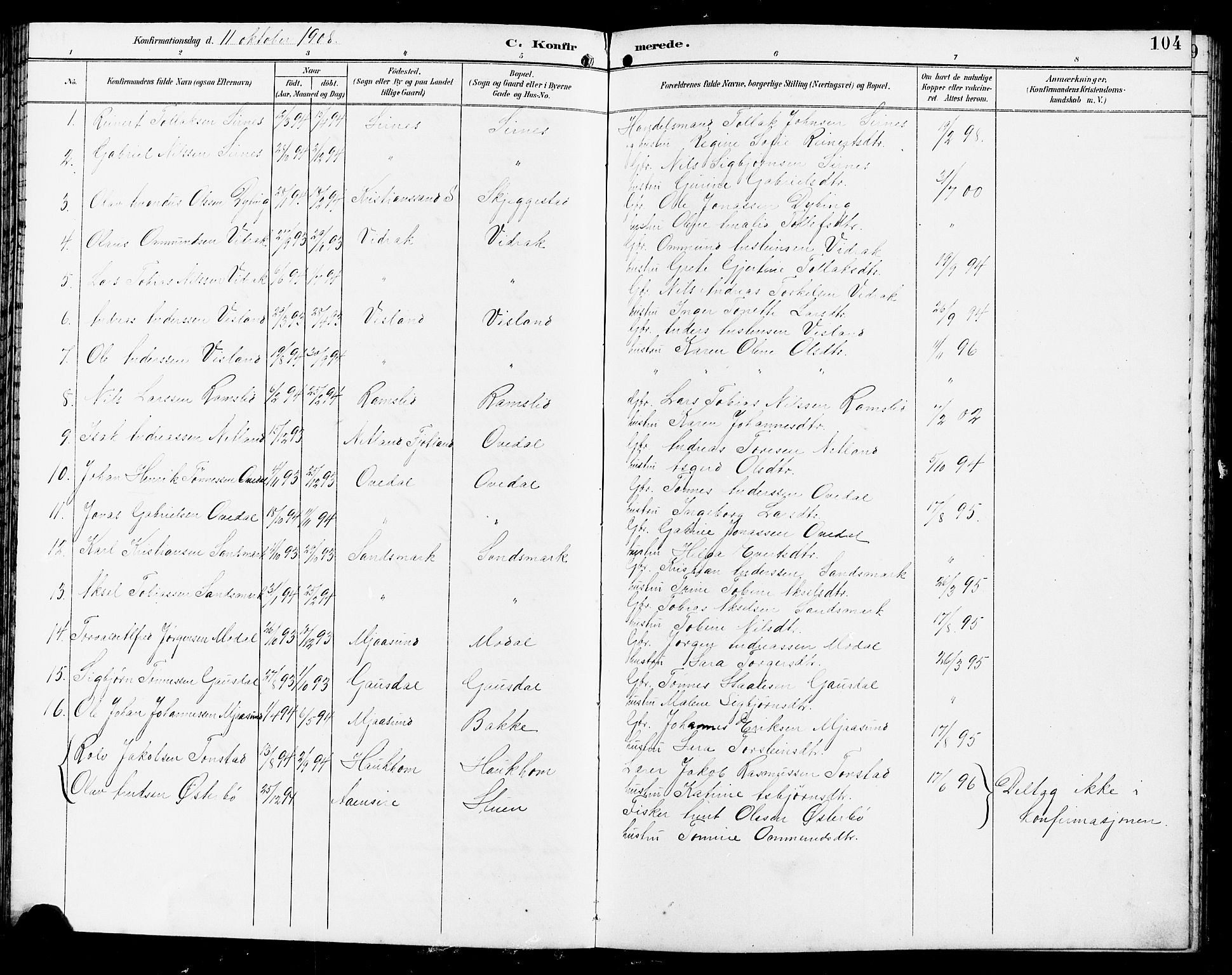 Bakke sokneprestkontor, SAK/1111-0002/F/Fb/Fba/L0003: Parish register (copy) no. B 3, 1894-1910, p. 104