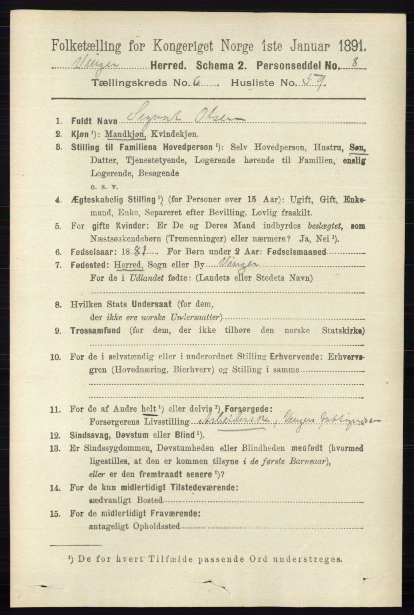 RA, 1891 census for 0421 Vinger, 1891, p. 2958