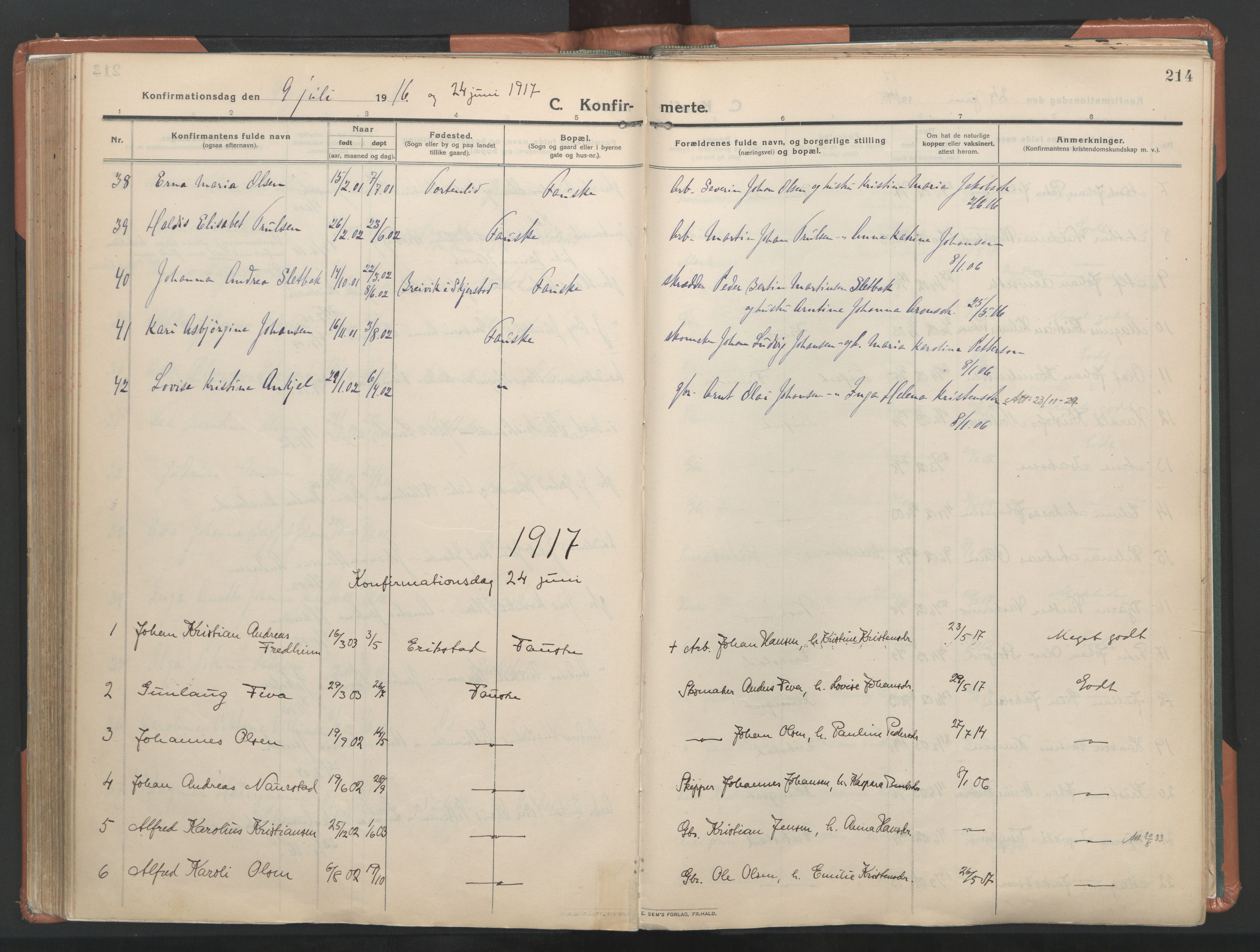 Ministerialprotokoller, klokkerbøker og fødselsregistre - Nordland, AV/SAT-A-1459/849/L0698: Parish register (official) no. 849A09, 1911-1924, p. 214