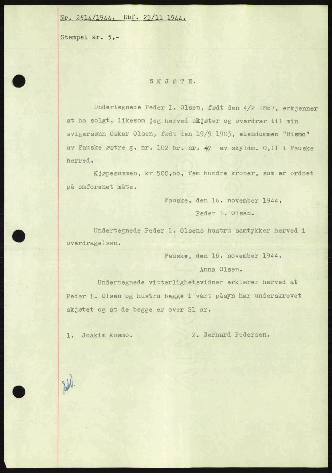 Salten sorenskriveri, AV/SAT-A-4578/1/2/2C: Mortgage book no. A14-15, 1943-1945, Diary no: : 2514/1944