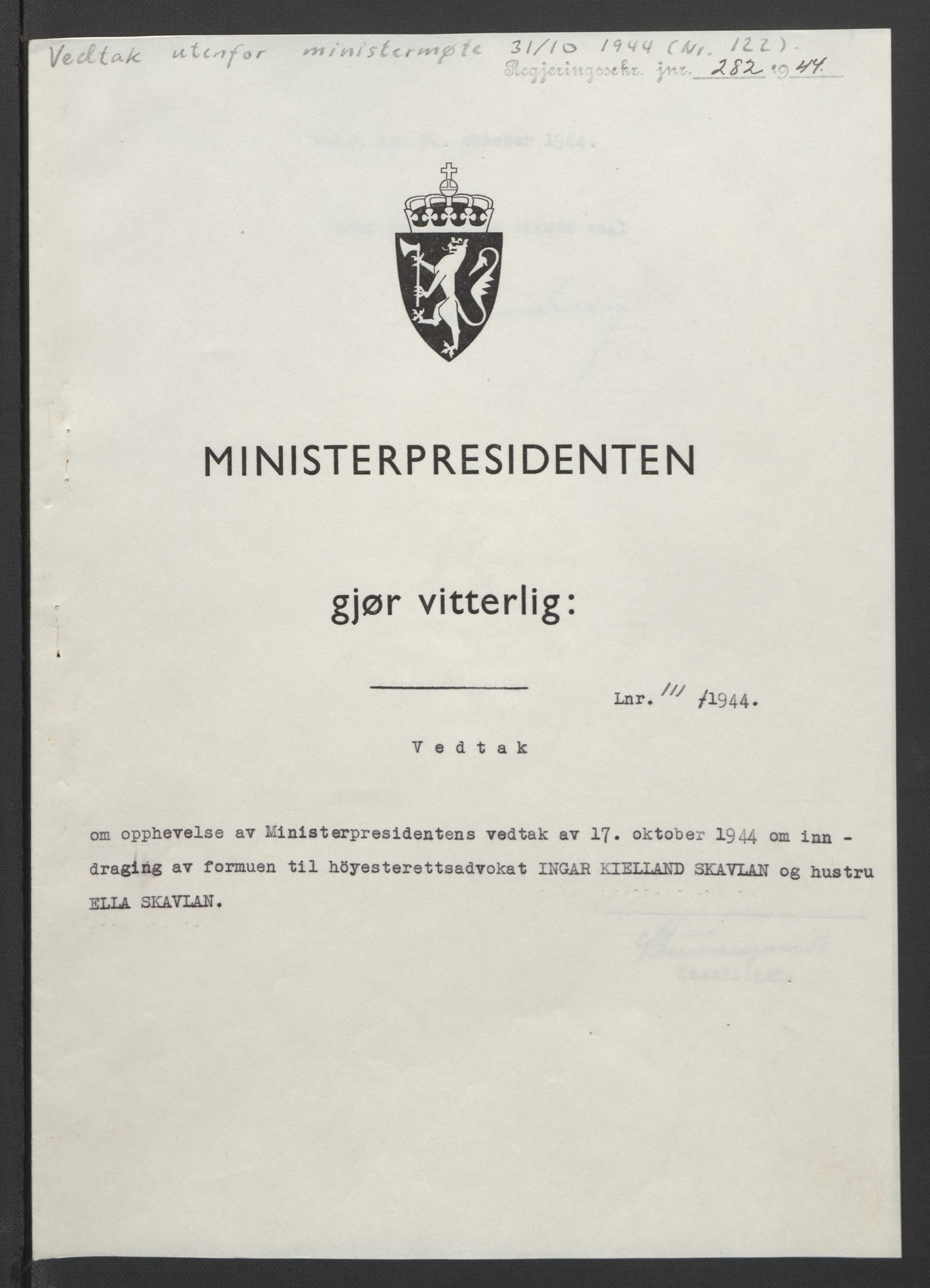 NS-administrasjonen 1940-1945 (Statsrådsekretariatet, de kommisariske statsråder mm), AV/RA-S-4279/D/Db/L0090: Foredrag til vedtak utenfor ministermøte, 1942-1945, p. 435