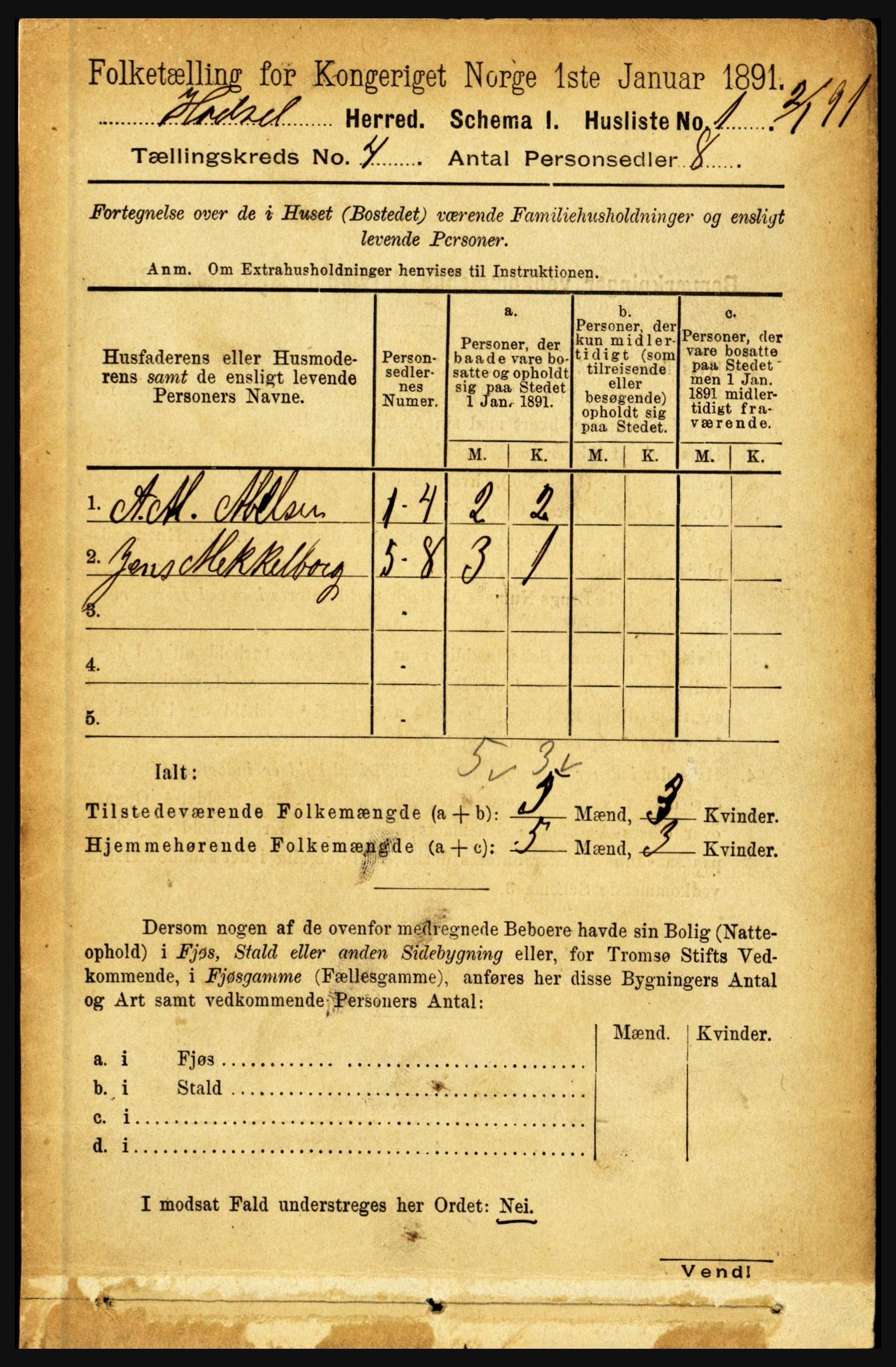 RA, 1891 census for 1866 Hadsel, 1891, p. 1655