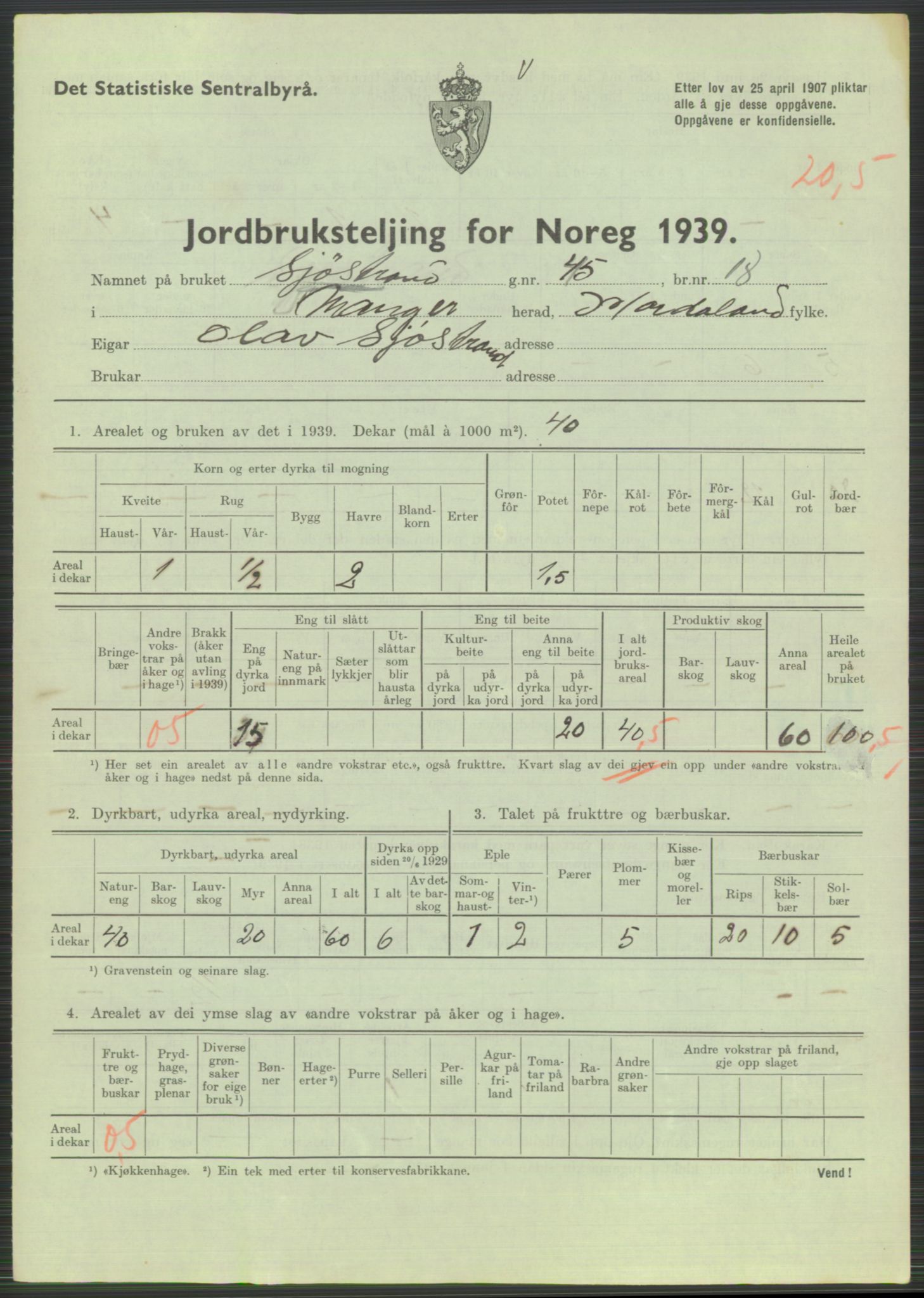 Statistisk sentralbyrå, Næringsøkonomiske emner, Jordbruk, skogbruk, jakt, fiske og fangst, AV/RA-S-2234/G/Gb/L0211: Hordaland: Herdla, Hjelme og Manger, 1939, p. 1667