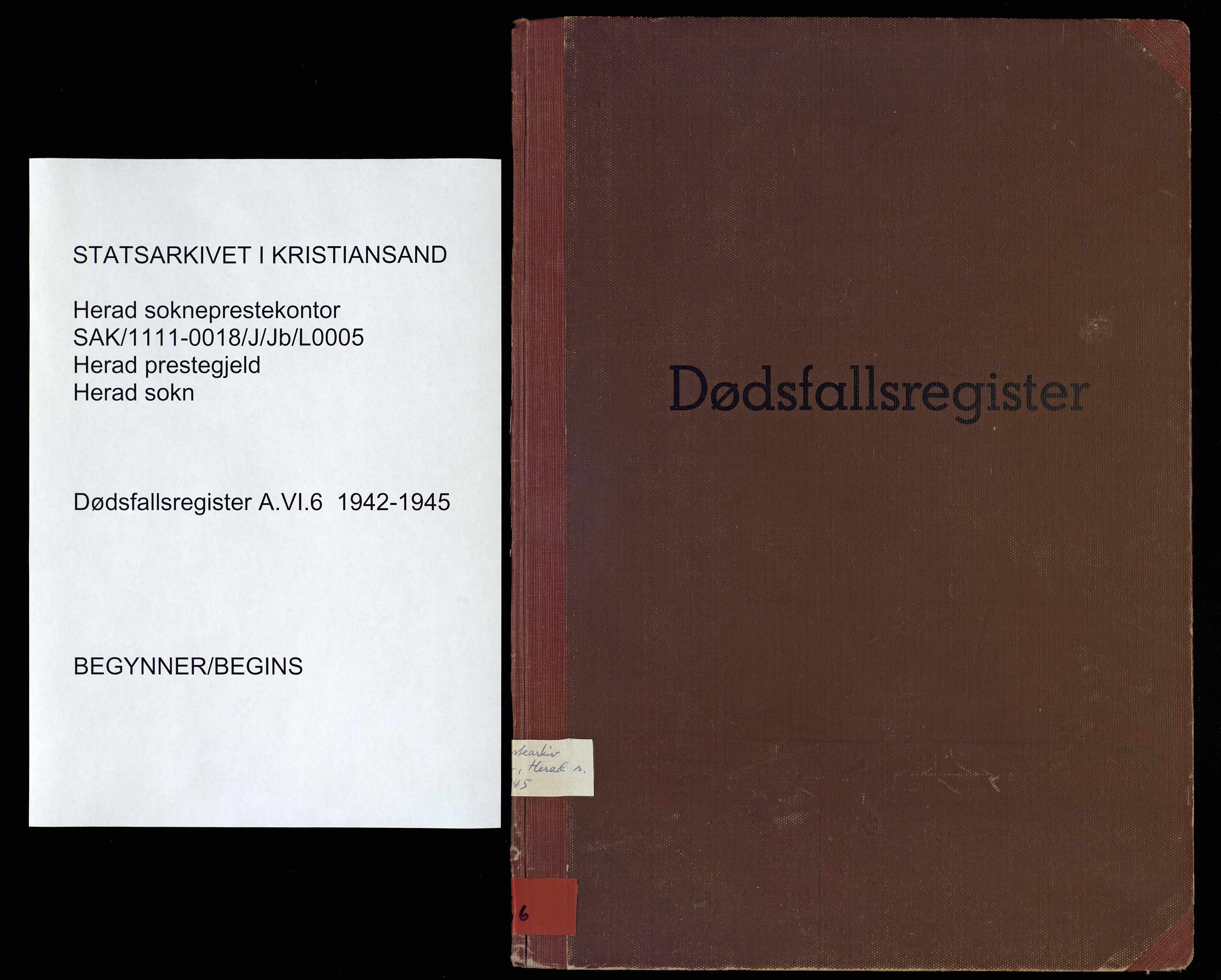 Herad sokneprestkontor, AV/SAK-1111-0018/J/Jb/L0005: A-VI-6 - Dødsfallsregister Herad sogn, 1942-1945