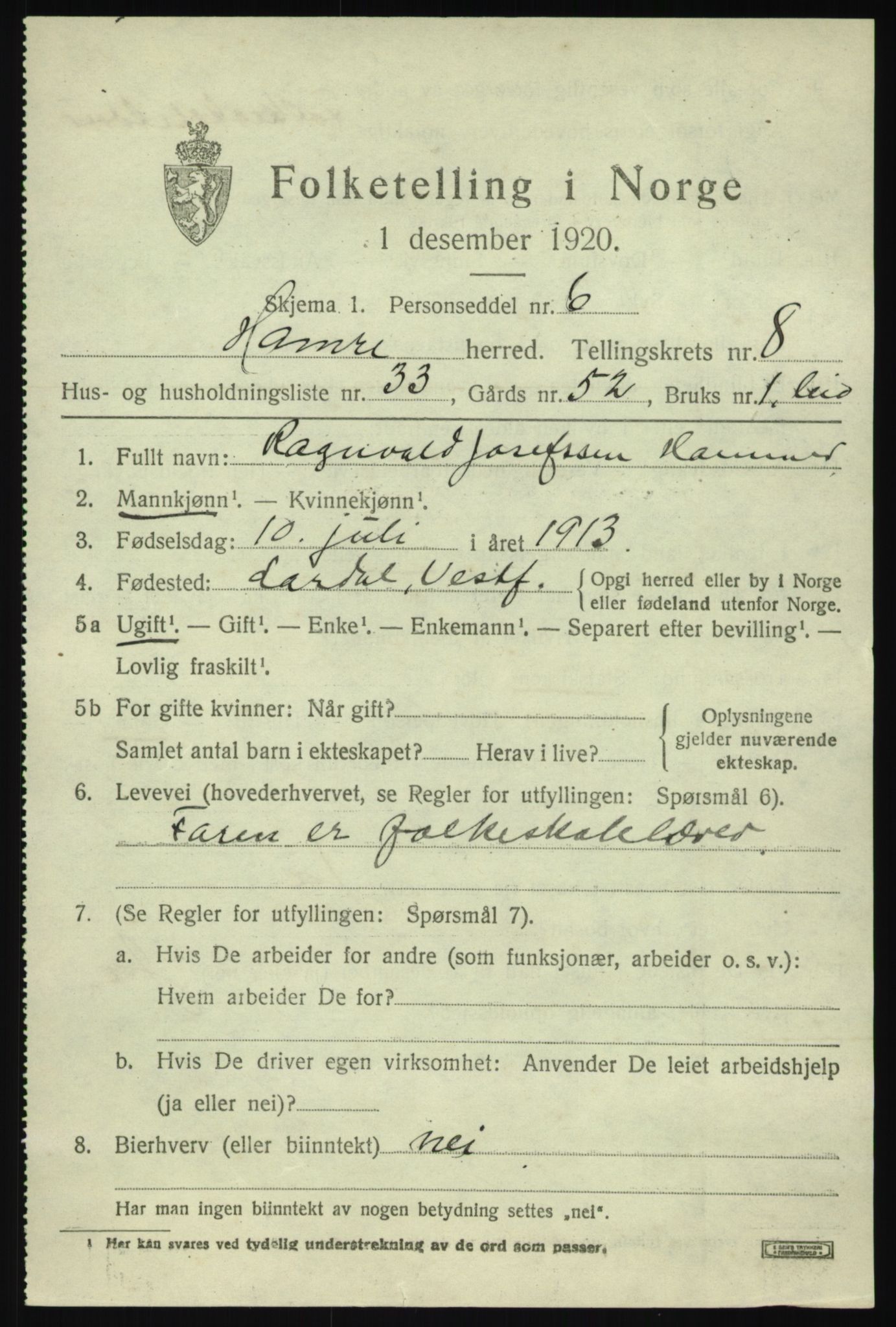 SAB, 1920 census for Hamre, 1920, p. 4831