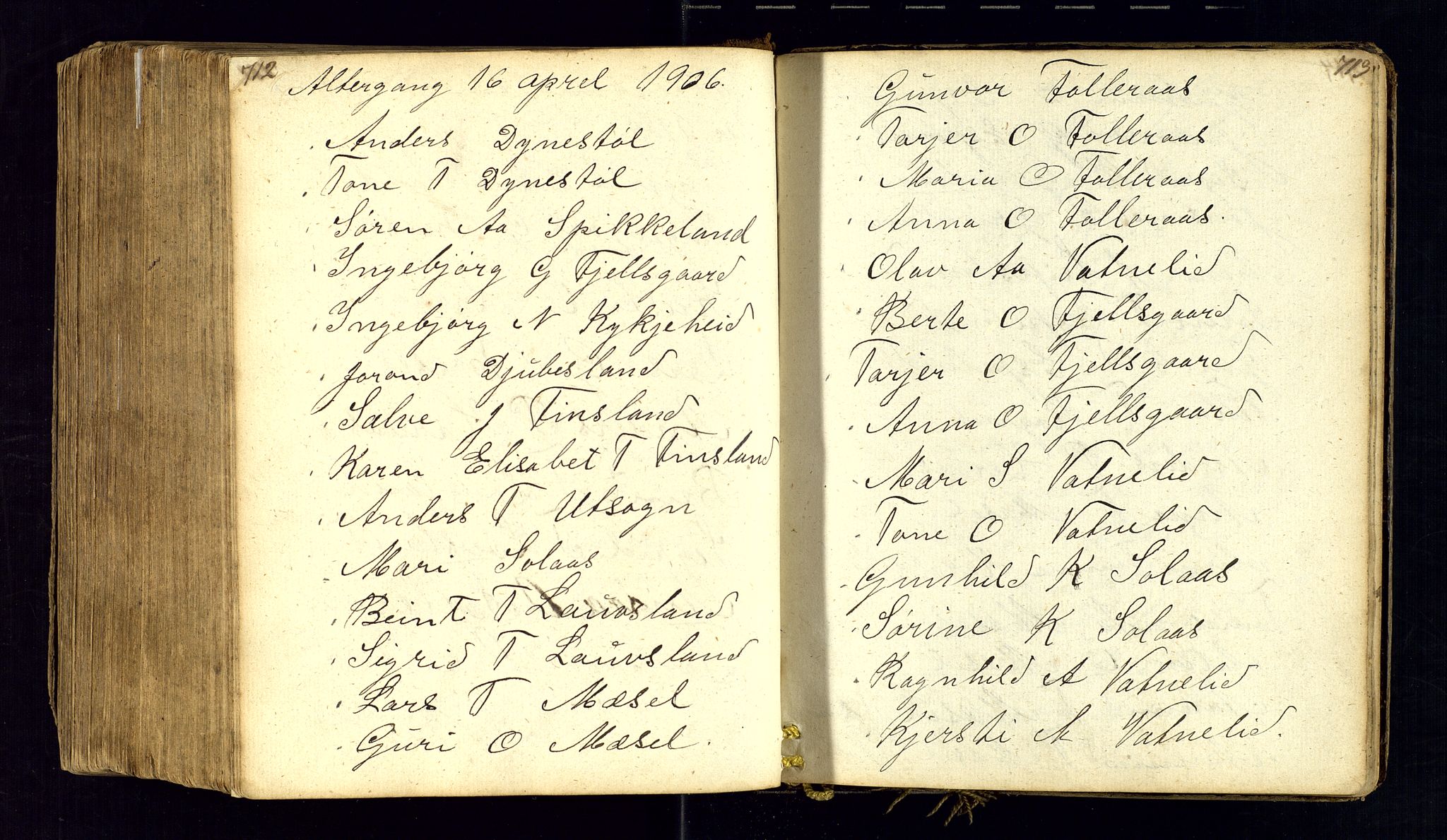 Bjelland sokneprestkontor, AV/SAK-1111-0005/F/Fc/Fcb/L0001: Communicants register no. C-1, 1827-1906, p. 712-713