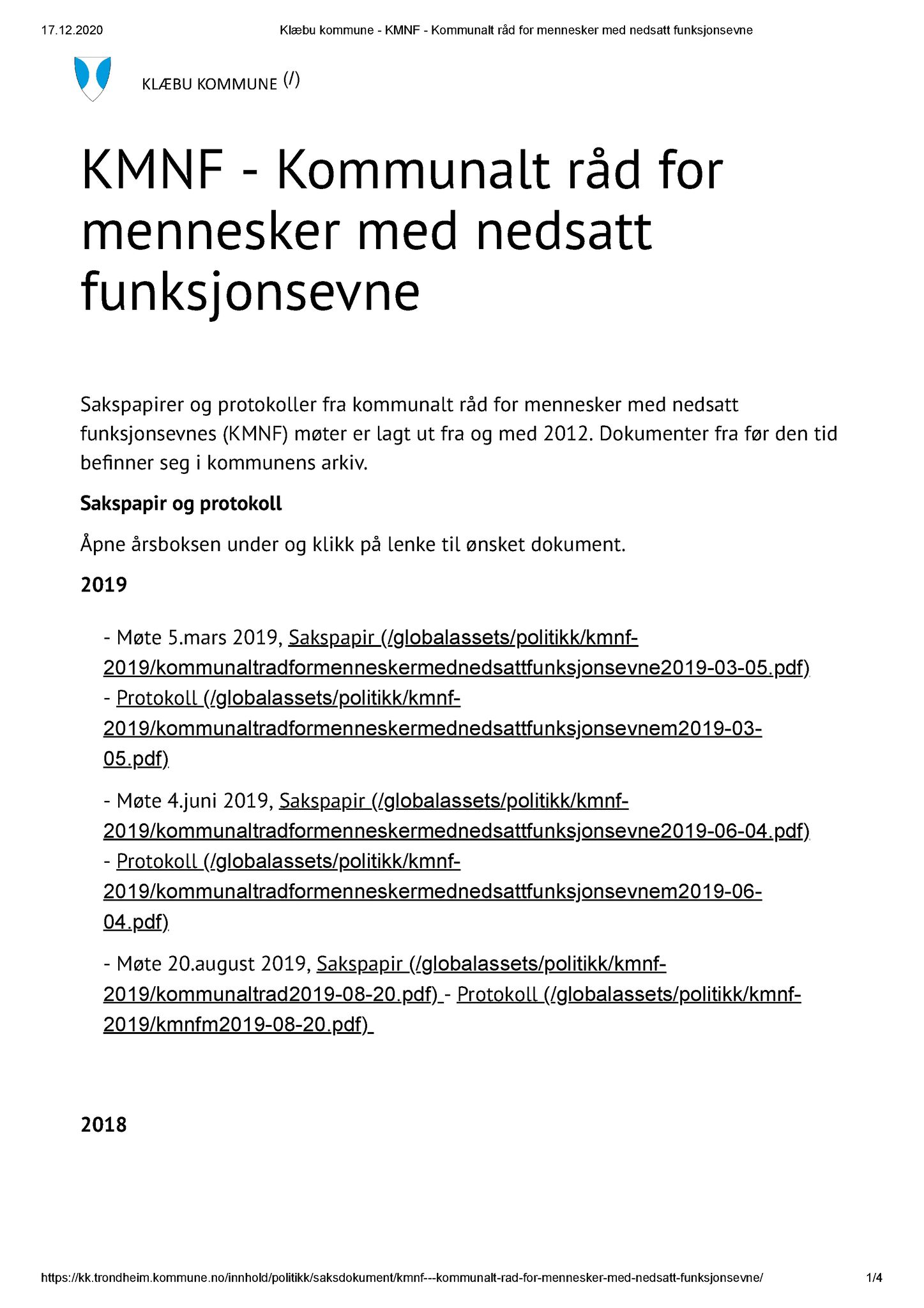 Klæbu Kommune, TRKO/KK/08-KMNF/L001: Kommunalt råd for mennesker med nedsatt funksjonsevne - Møteoversikt, 2012-2019, p. 1