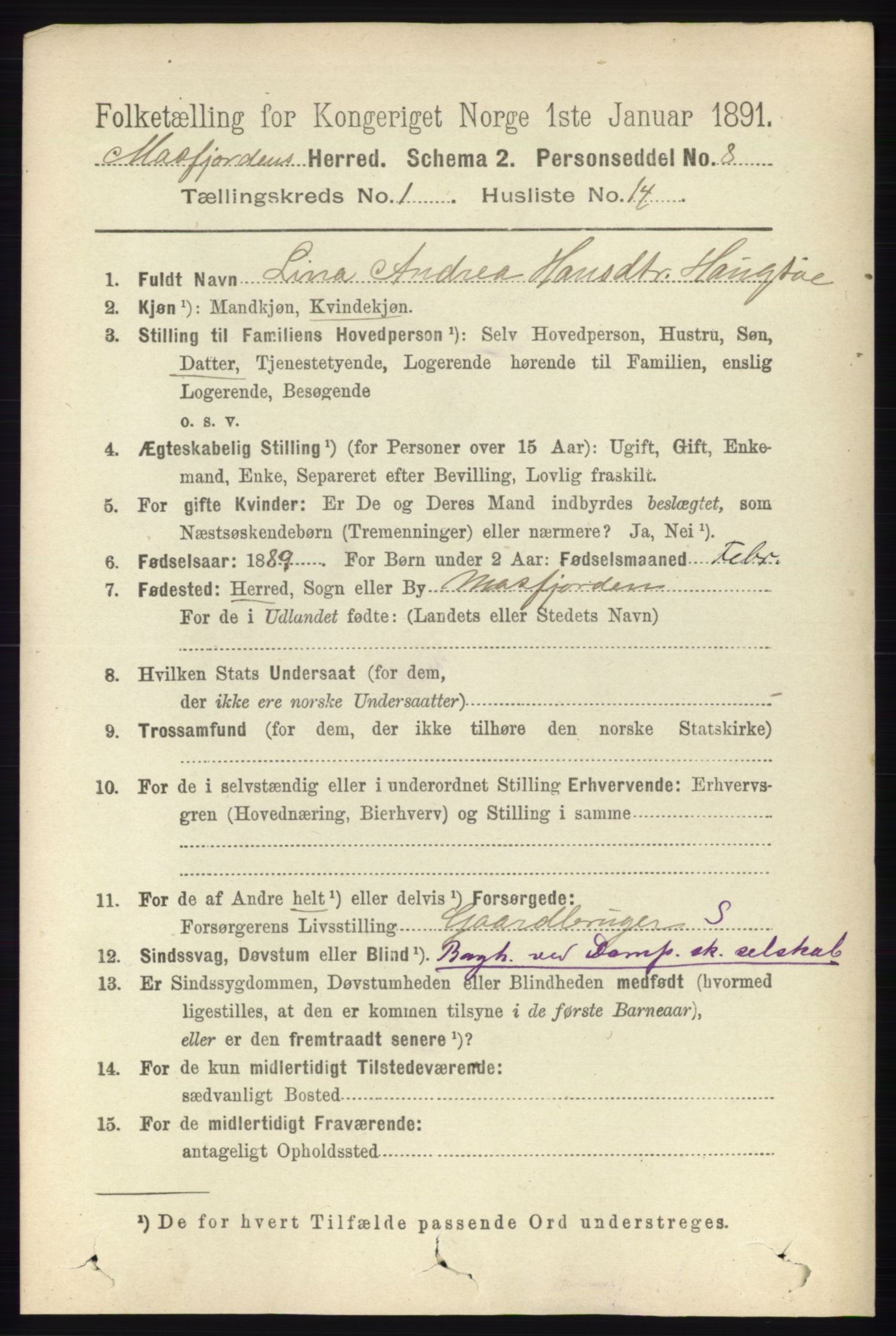 RA, 1891 census for 1266 Masfjorden, 1891, p. 140