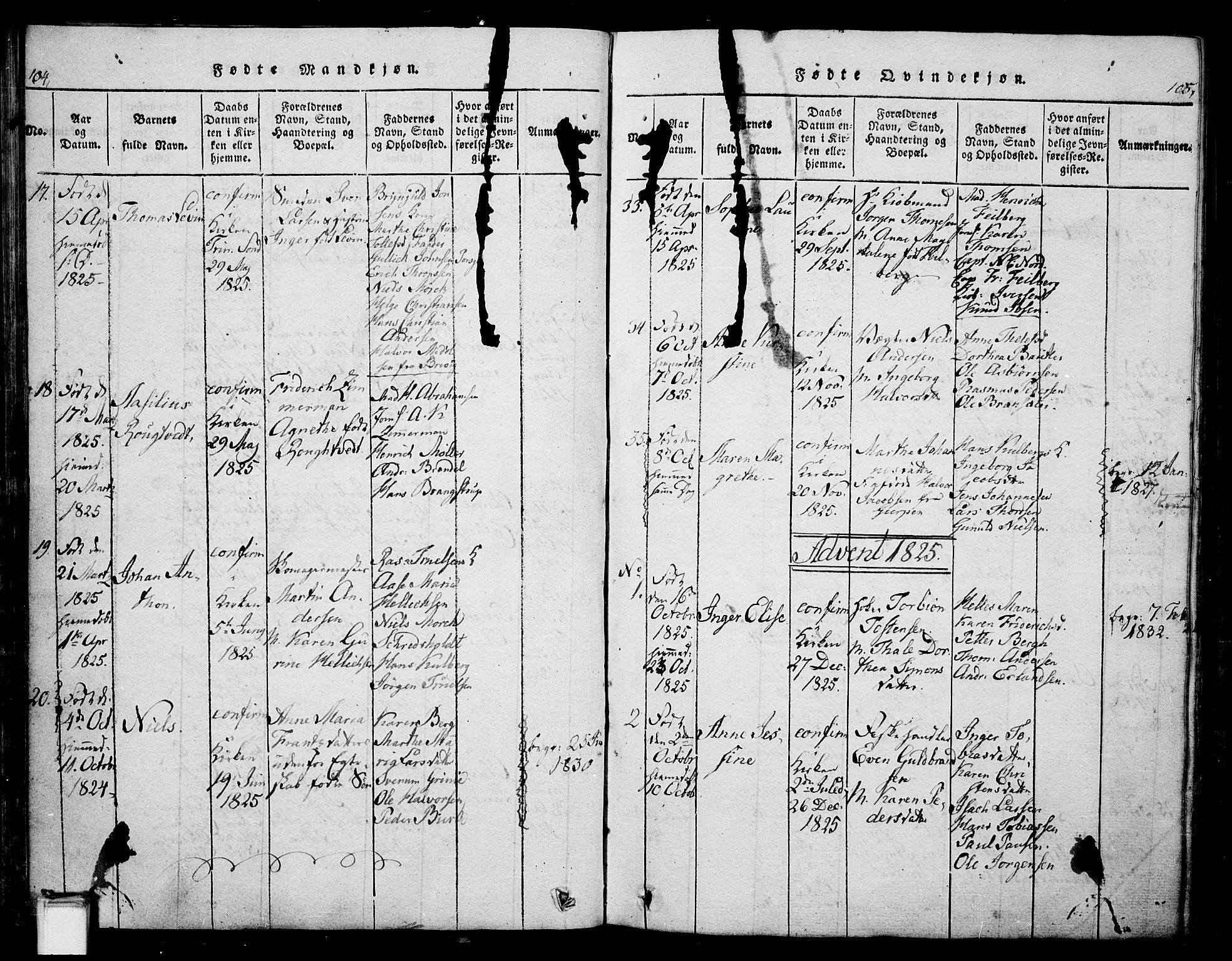 Skien kirkebøker, SAKO/A-302/G/Ga/L0002: Parish register (copy) no. 2, 1814-1842, p. 104-105