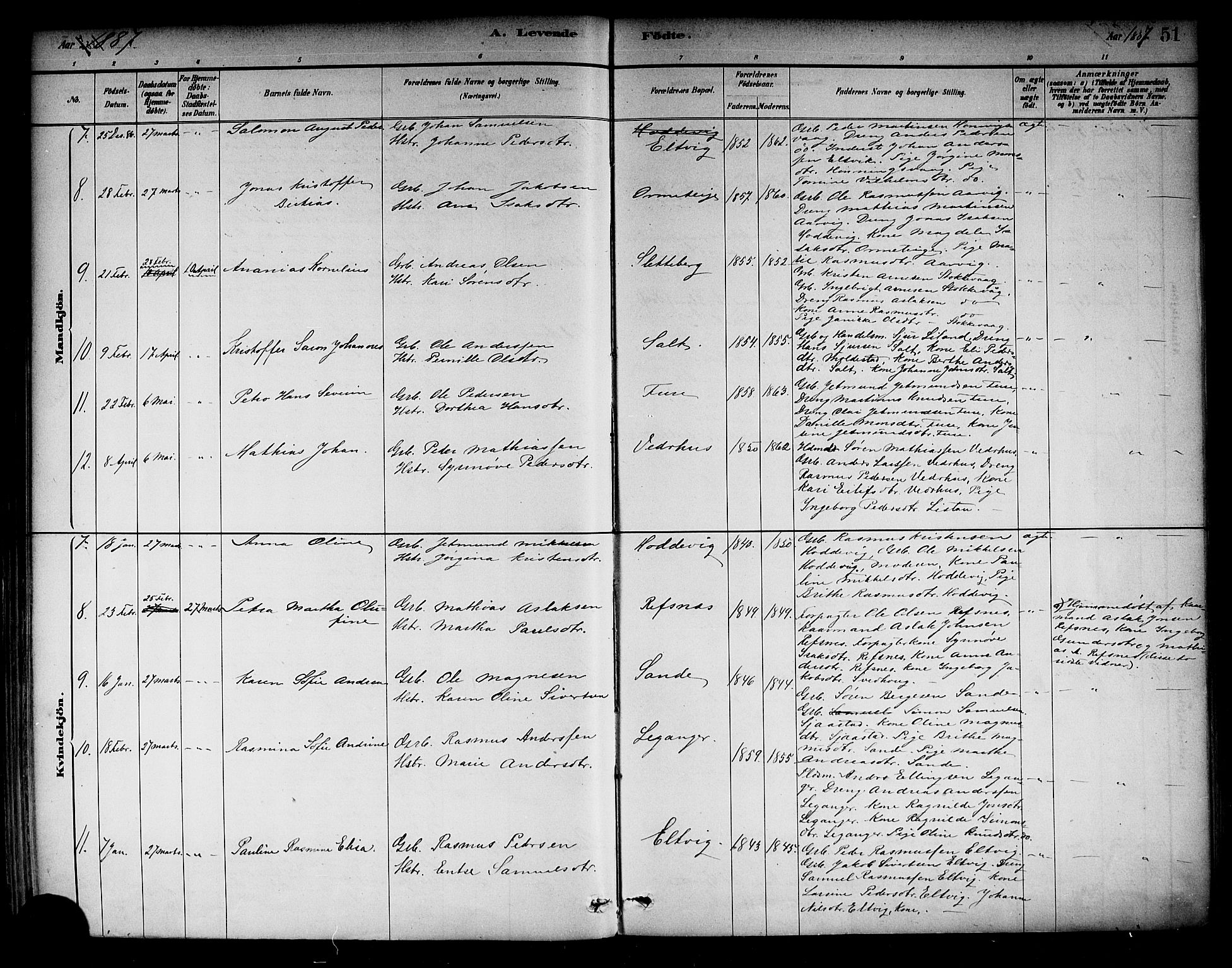 Selje sokneprestembete, SAB/A-99938/H/Ha/Haa/Haab: Parish register (official) no. B 1, 1881-1890, p. 51