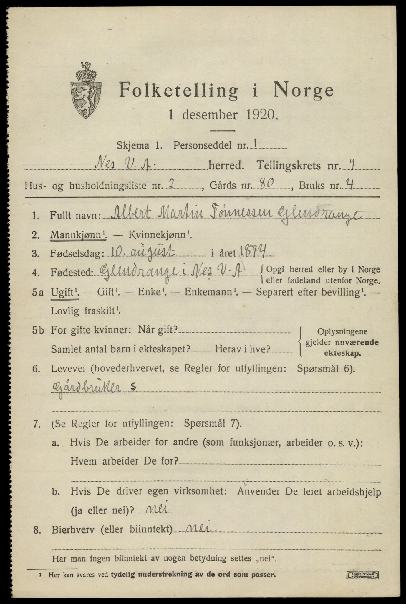 SAK, 1920 census for Nes (V-A), 1920, p. 3318