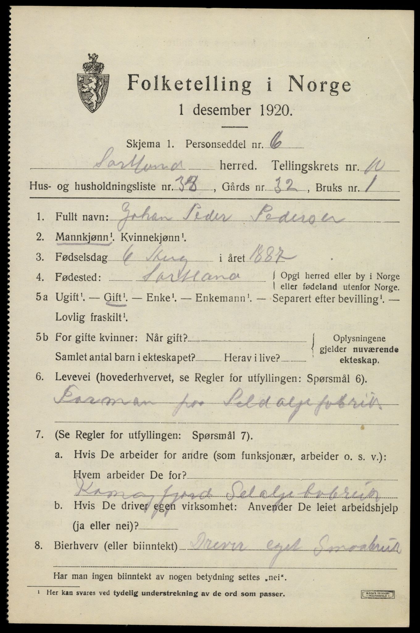 SAT, 1920 census for Sortland, 1920, p. 8010