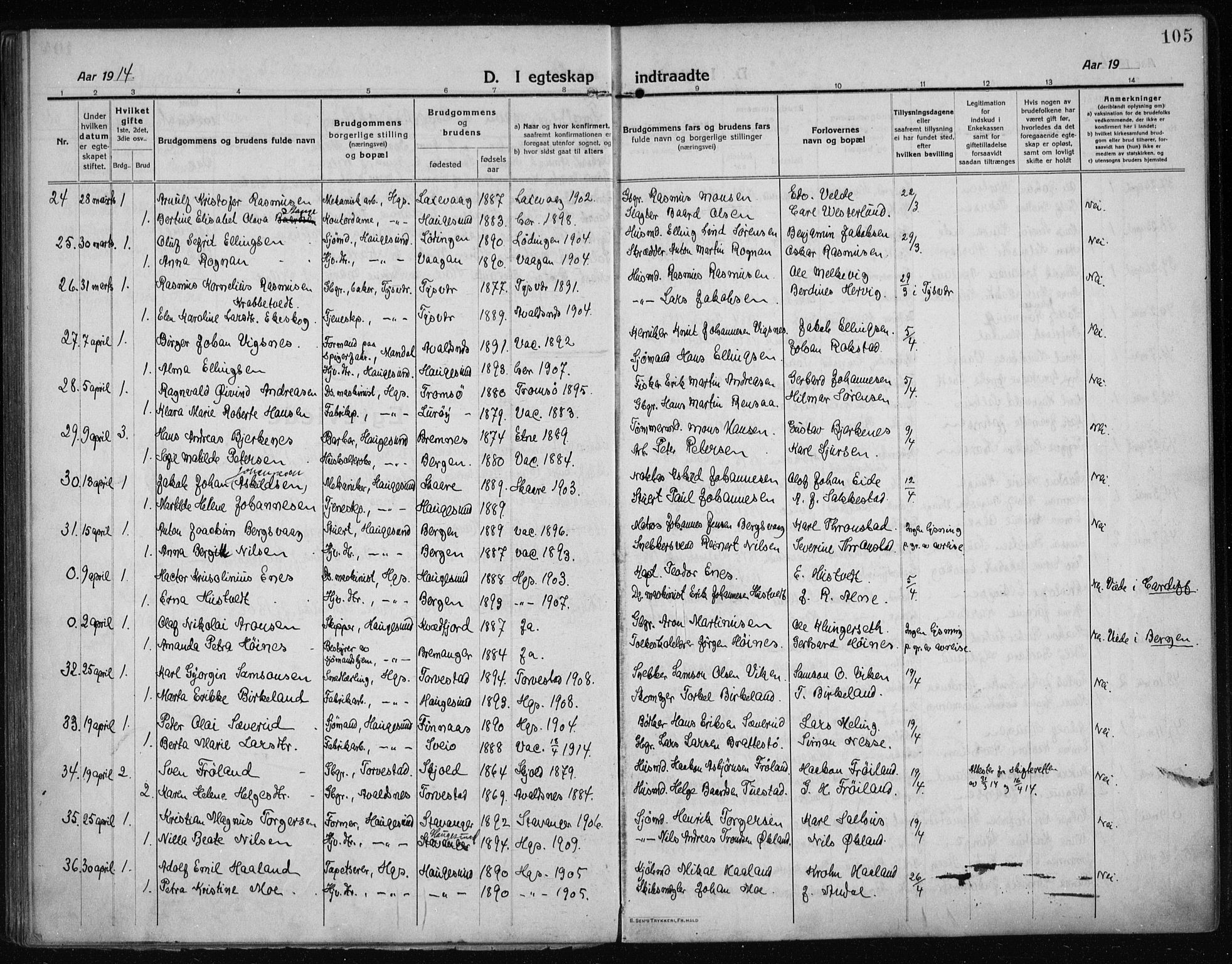 Haugesund sokneprestkontor, AV/SAST-A -101863/H/Ha/Haa/L0009: Parish register (official) no. A 9, 1914-1929, p. 105