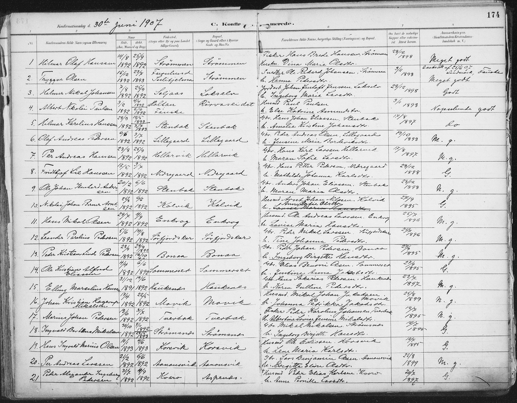 Ministerialprotokoller, klokkerbøker og fødselsregistre - Nordland, AV/SAT-A-1459/854/L0779: Parish register (official) no. 854A02, 1892-1909, p. 174
