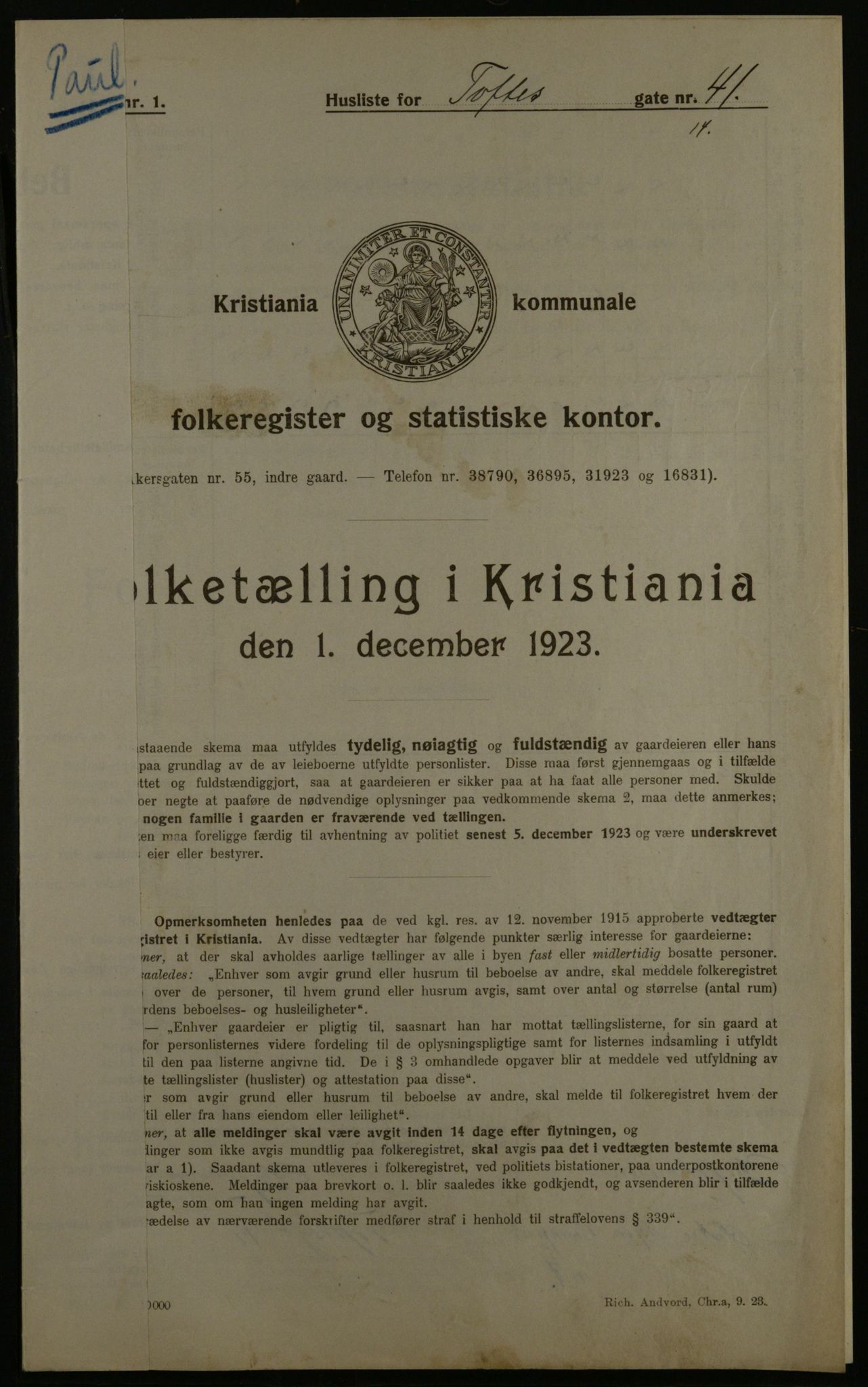 OBA, Municipal Census 1923 for Kristiania, 1923, p. 124126